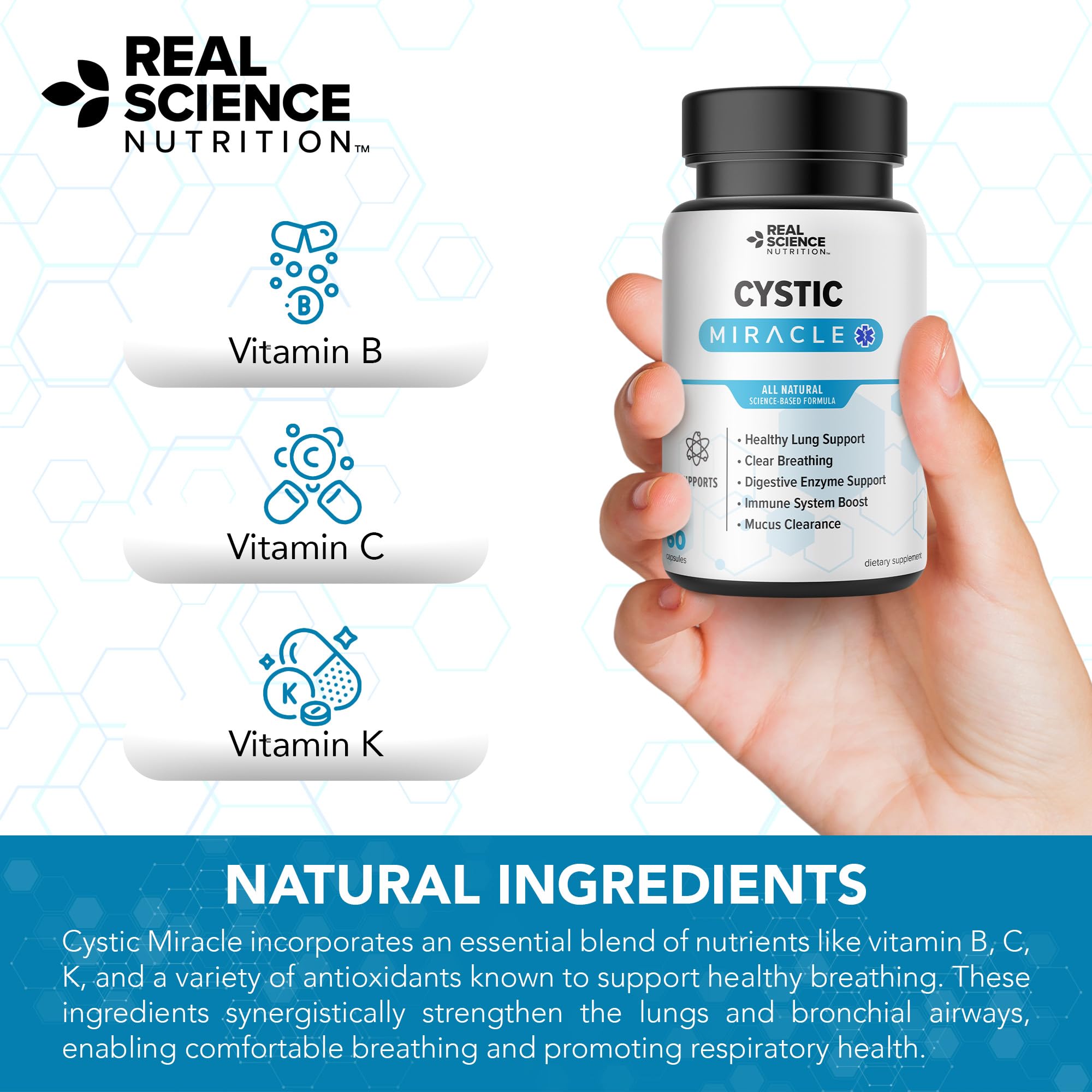 Real Science Cystic Miracle - Lung Support Supplement for Breathing Support and Mucus Clearance – with Vinitrox & GABA to Help Clear Lungs and Aid Respiratory Health, Made in USA, 60 Caps Real Science Nutrition uk supplements