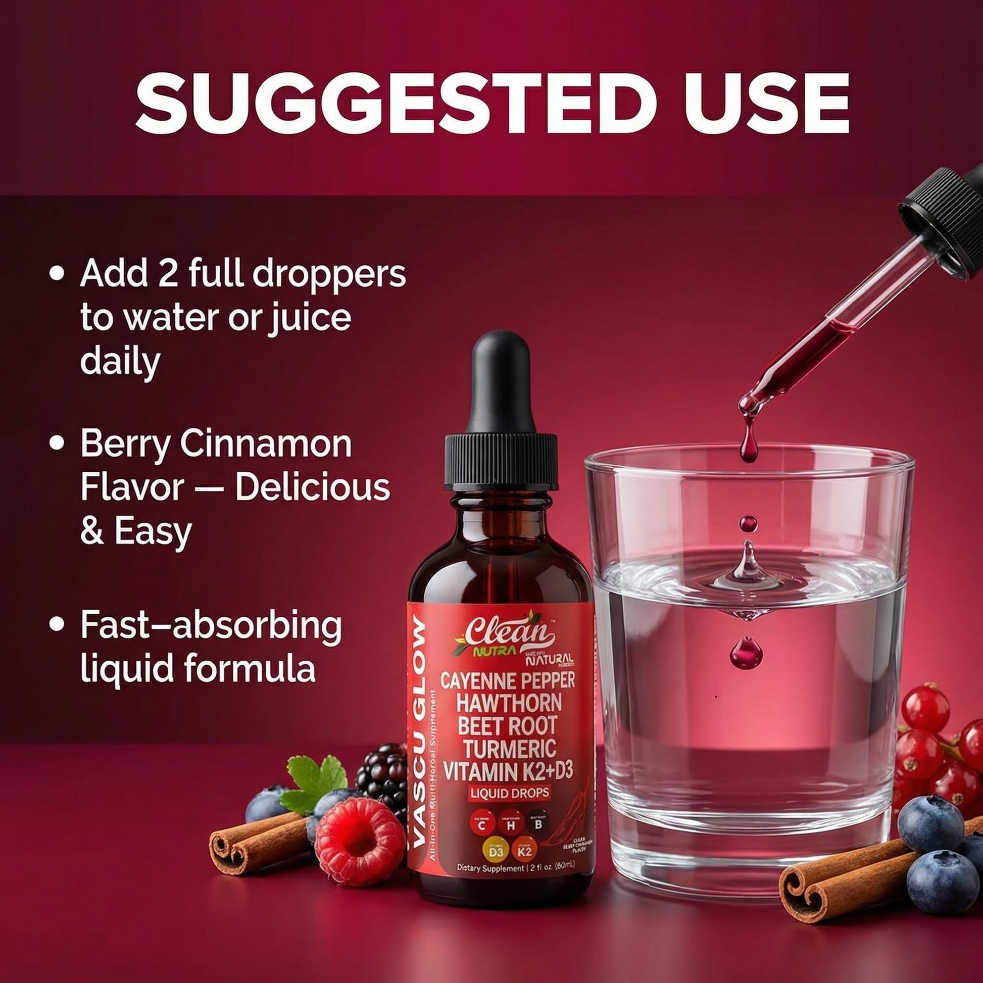 Clean Nutra Cayenne Pepper Drops Supplement Liquid + Hawthorn Berry, Vitamin D3 K2 Beet Root Powder, Ceylon Cinnamon, Turmeric Curcumin, Organic Panax Ginseng, Berberine Extract 1 Pack Clean Nutraceuticals uk supplements