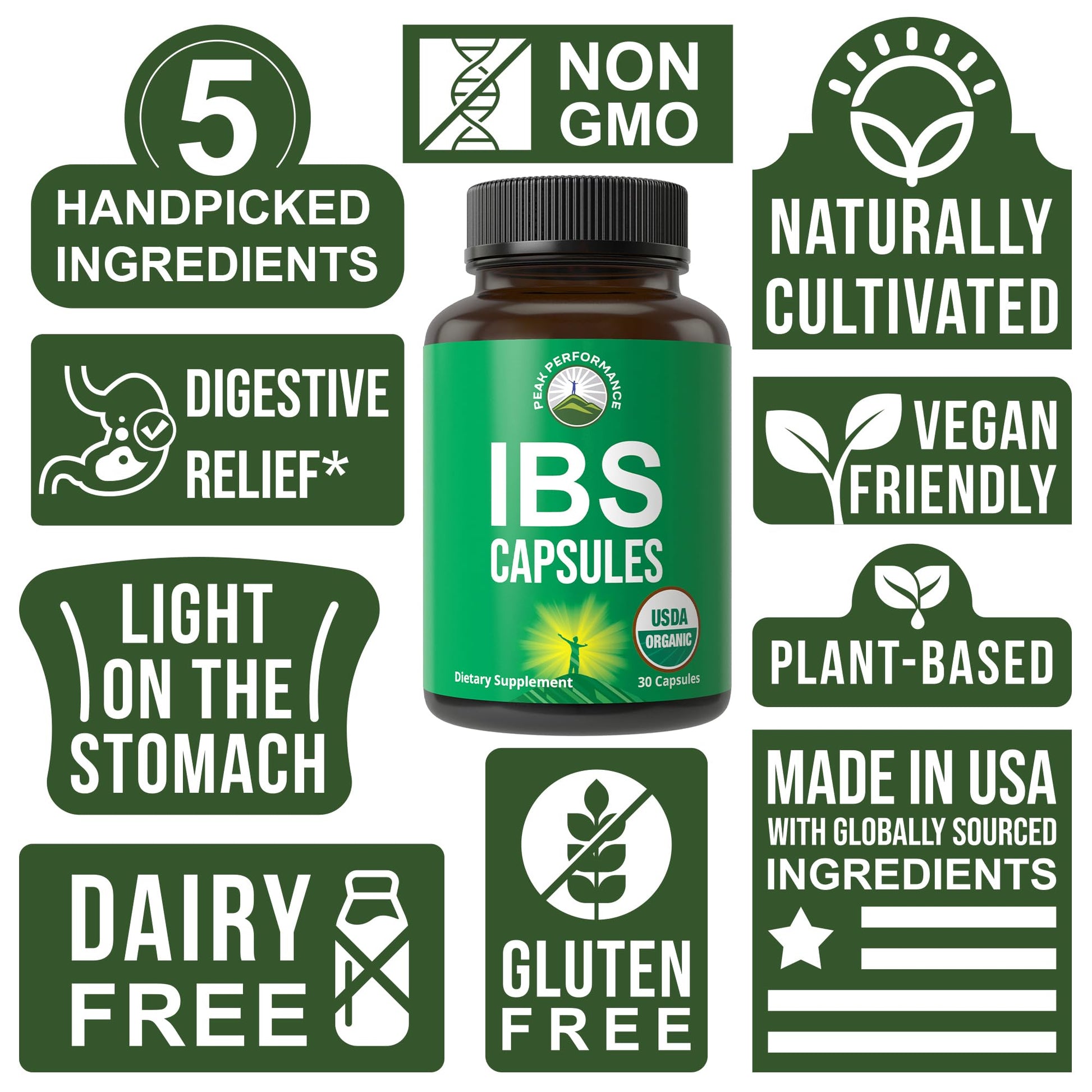 USDA Organic IBS Capsules for Relief, Ingestion, Bloating, Gas. Irritable Bowel Supplement with 5 Handpicked Organic Ingredients. Peppermint Oil, Sea Buckthorn, Fennel Seed, Rosemary Leaf, Basil Leaf Peak Performance uk supplements