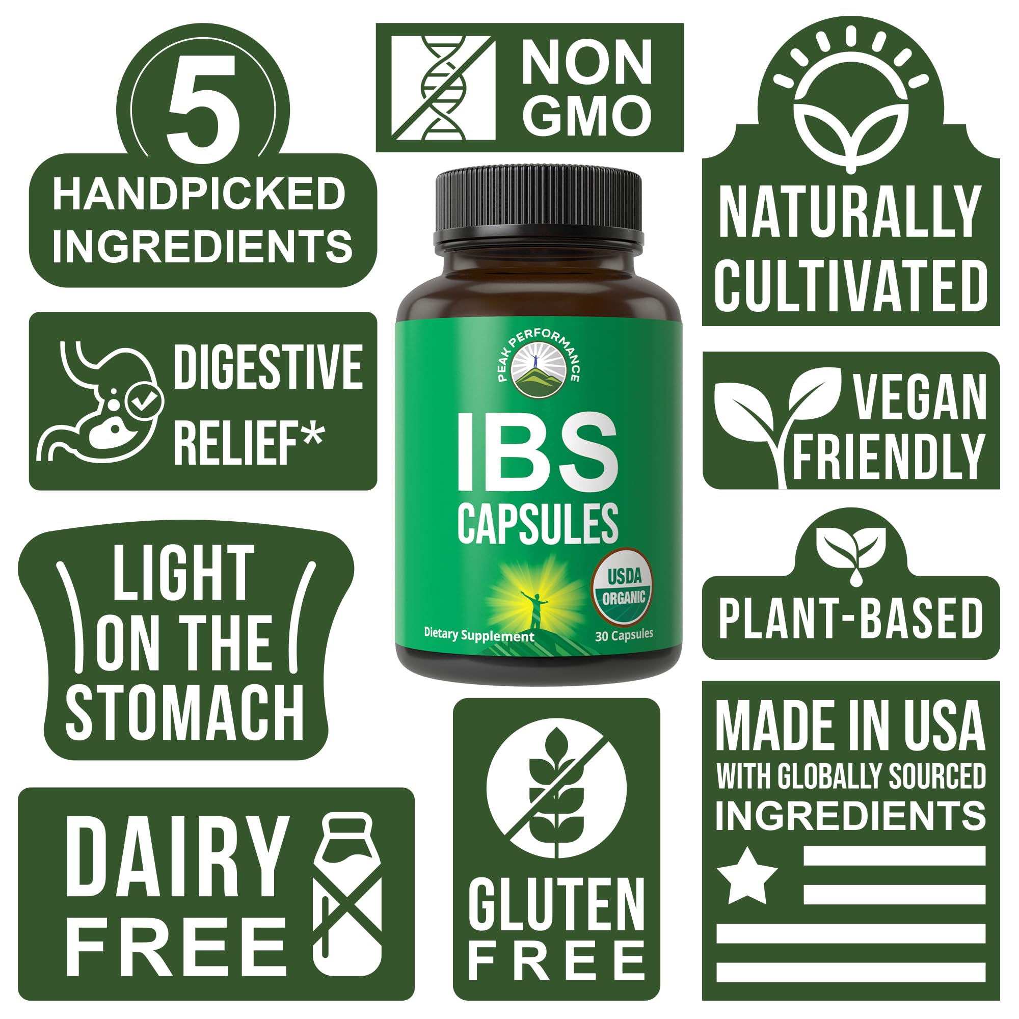 USDA Organic IBS Capsules for Relief, Ingestion, Bloating, Gas. Irritable Bowel Supplement with 5 Handpicked Organic Ingredients. Peppermint Oil, Sea Buckthorn, Fennel Seed, Rosemary Leaf, Basil Leaf Peak Performance uk supplements