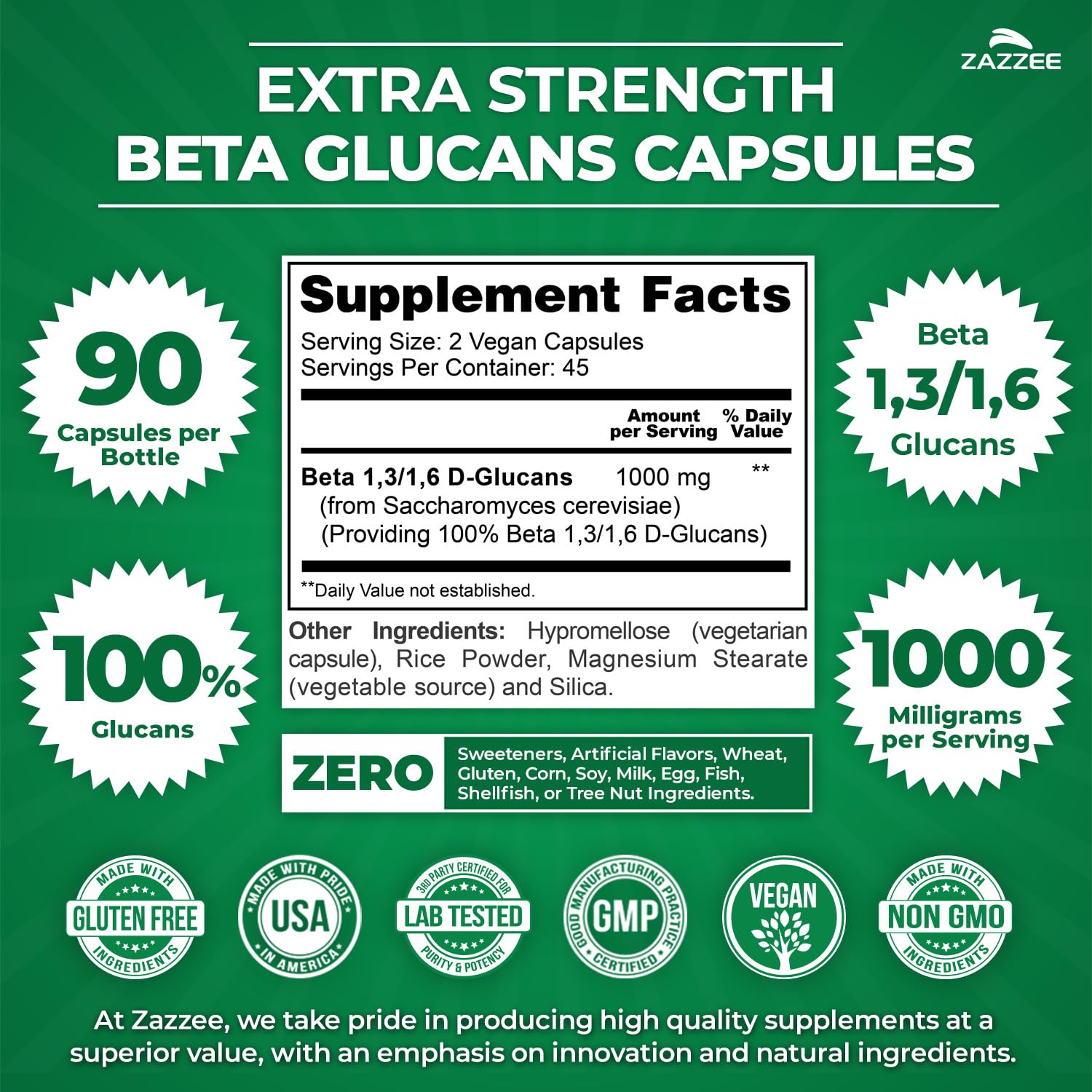 Zazzee Extra Strength 1,3/1,6 Beta Glucans, 1000 mg, 100% Concentrated, 90 Vegan Capsules, Supports a Healthy Immune System, 100% Vegetarian, All-Natural and Non-GMO Zazzee uk supplements