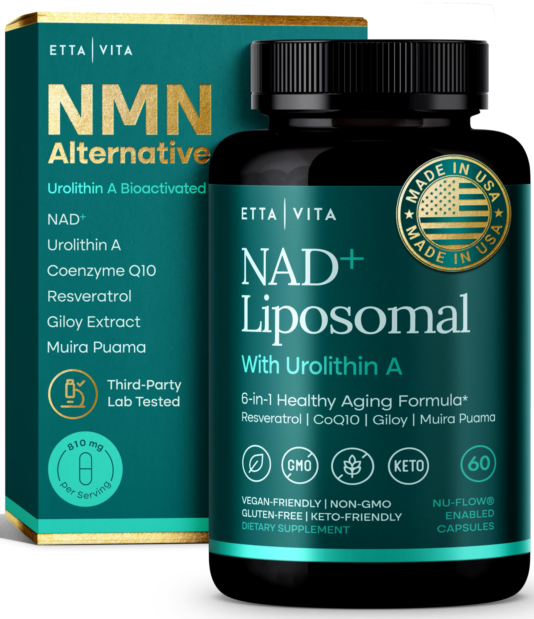 Liposomal NAD+ Supplement - Resveratrol, Urolithin A, CoQ10 & Muira Puama (Made in USA) NAD Supplement for Natural Energy, Brain Fog, Digestion, Detox, Gut Health, Microbiome, NR NMN Replacement Etta Vita uk supplements