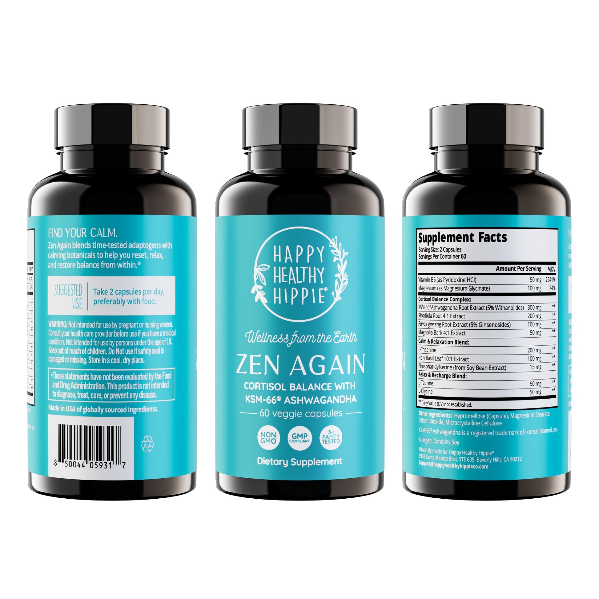 Zen Again Cortisol Manager with Ashwagandha KSM-66® | Cortisol Supplements for Women | 11-in-1 Complex | Natural Stress Support Supplement with L-Theanine, Rhodiola & Magnesium | Vegan, 60 Ct Happy Healthy Hippie uk supplements
