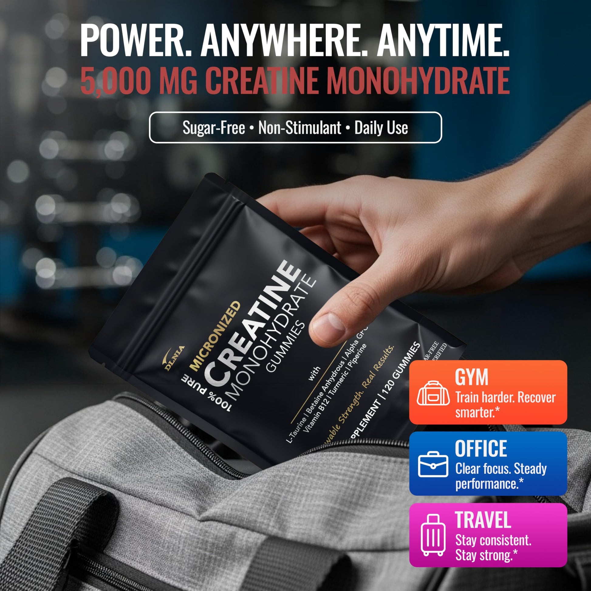 Creatine Monohydrate Gummies for Men & Women - Sugar Free & Vegan Advanced Formula W/L-Taurine + Vitamin B12 - for Muscle Strength, Muscles Builder, Recovery, DLNIA uk supplements