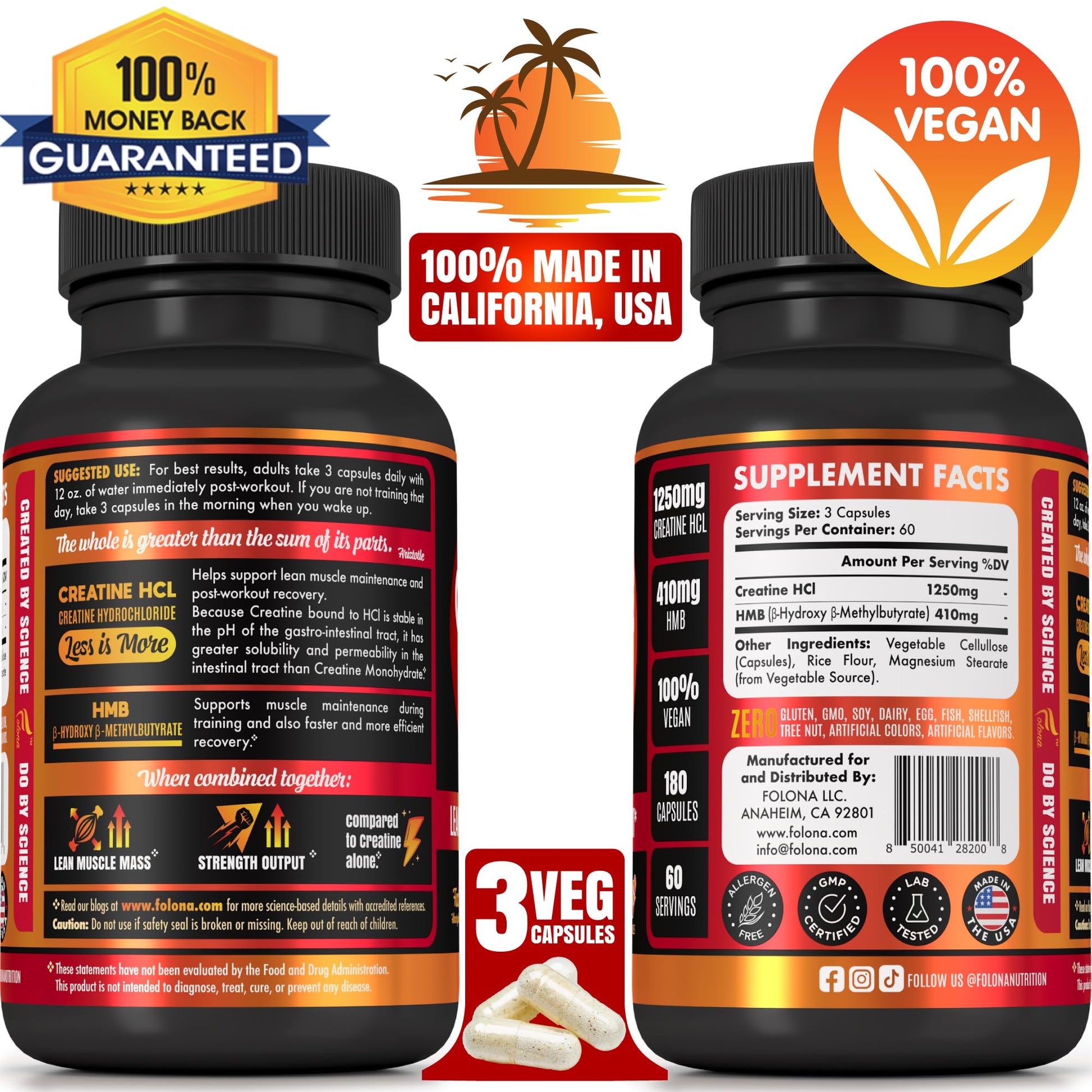 Creatine HCL Capsules with HMB - Workout Supplement for Men & Women, Muscle Builder, Endurance, Strength, Superior to Monohydrate: Instantized for Max Absorption, No Load FOLONA uk supplements
