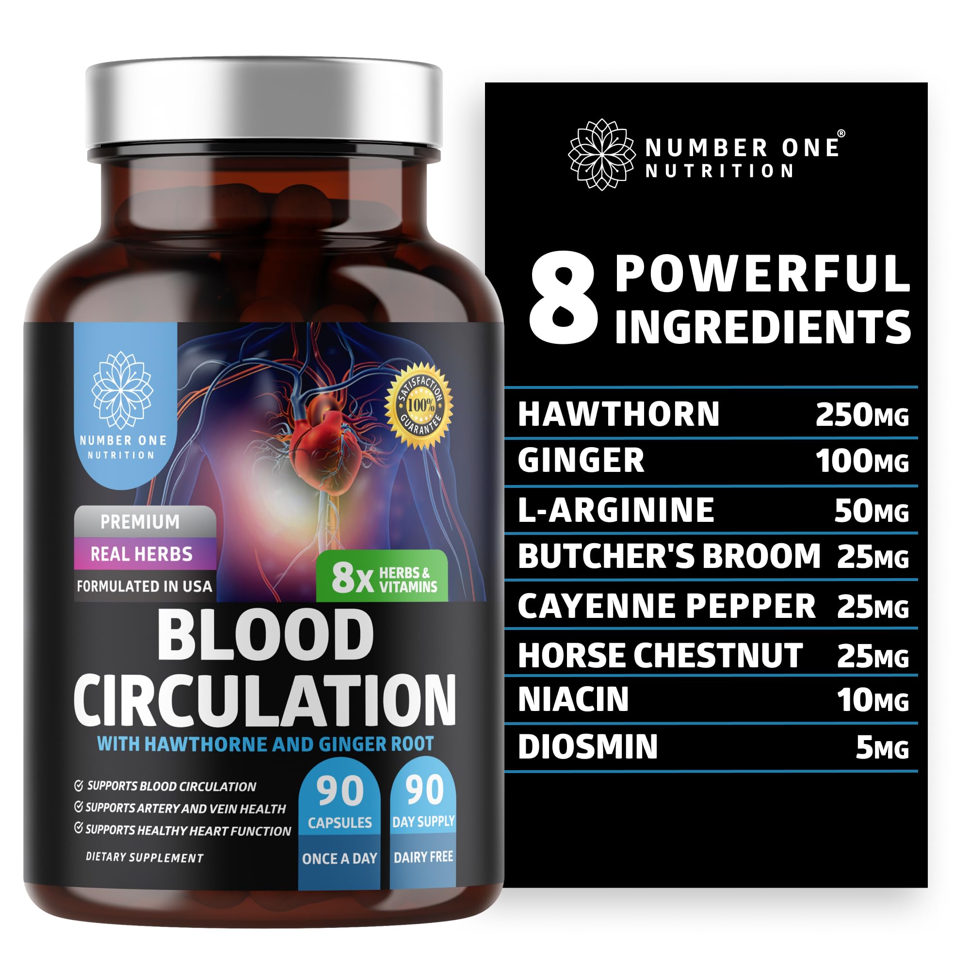 Number One Nutrition Premium Blood Circulation Supplement for Women and Men [8 Powerful Herbs & Vitamins] All Natural Blood Flow Supplement with Hawthorn, Butchers Broom and Cayenne Pepper, 90 Caps Number One Nutrition uk supplements