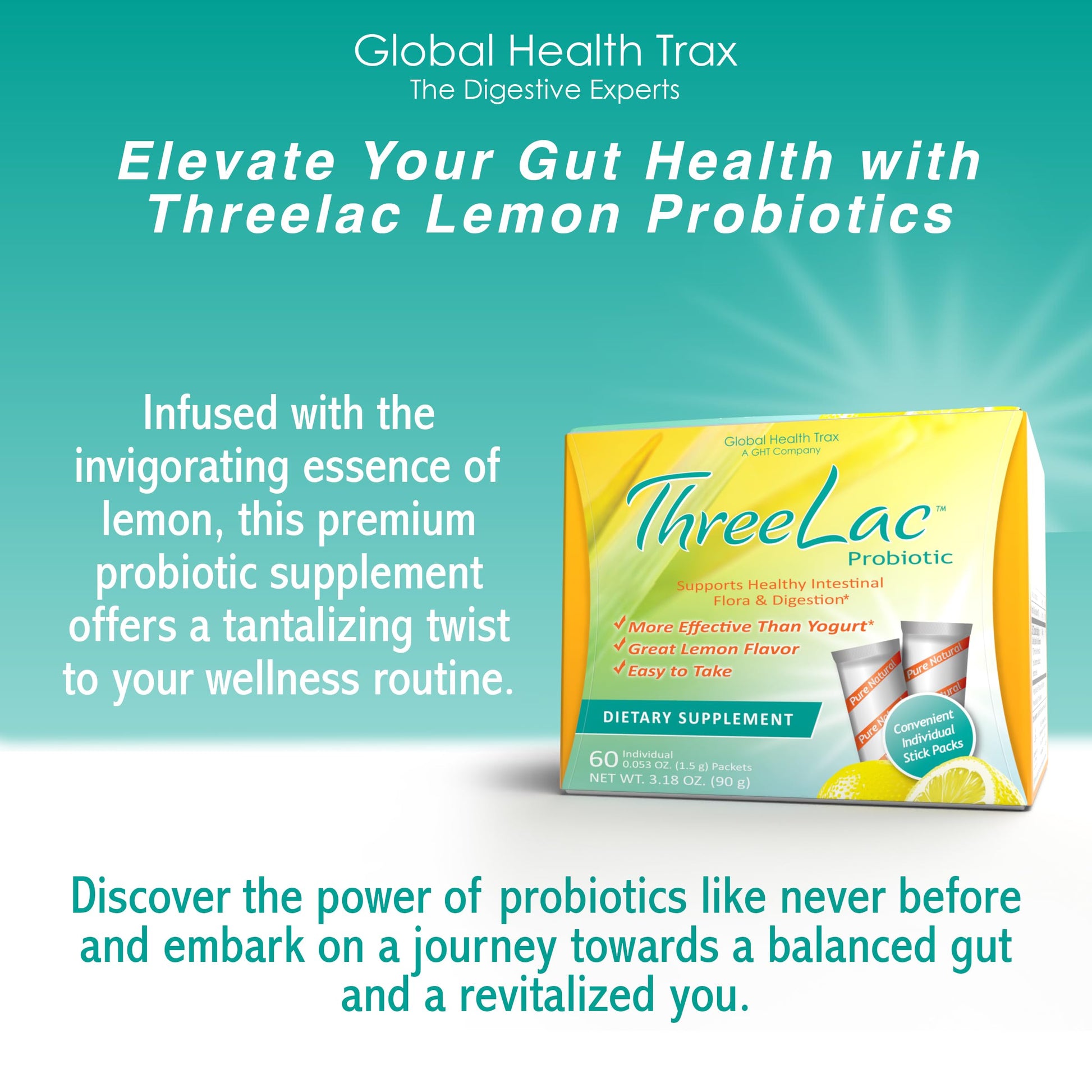 Global Health Trax GHT - ThreeLac Lemon Probiotic Drink Mix for Digestive Health - Advanced Probiotic Powder Formula for Men, Women & Kids - Immune Support & Gut Balance, Non-GMO - 60 Packets ght Global Health Trax uk supplements