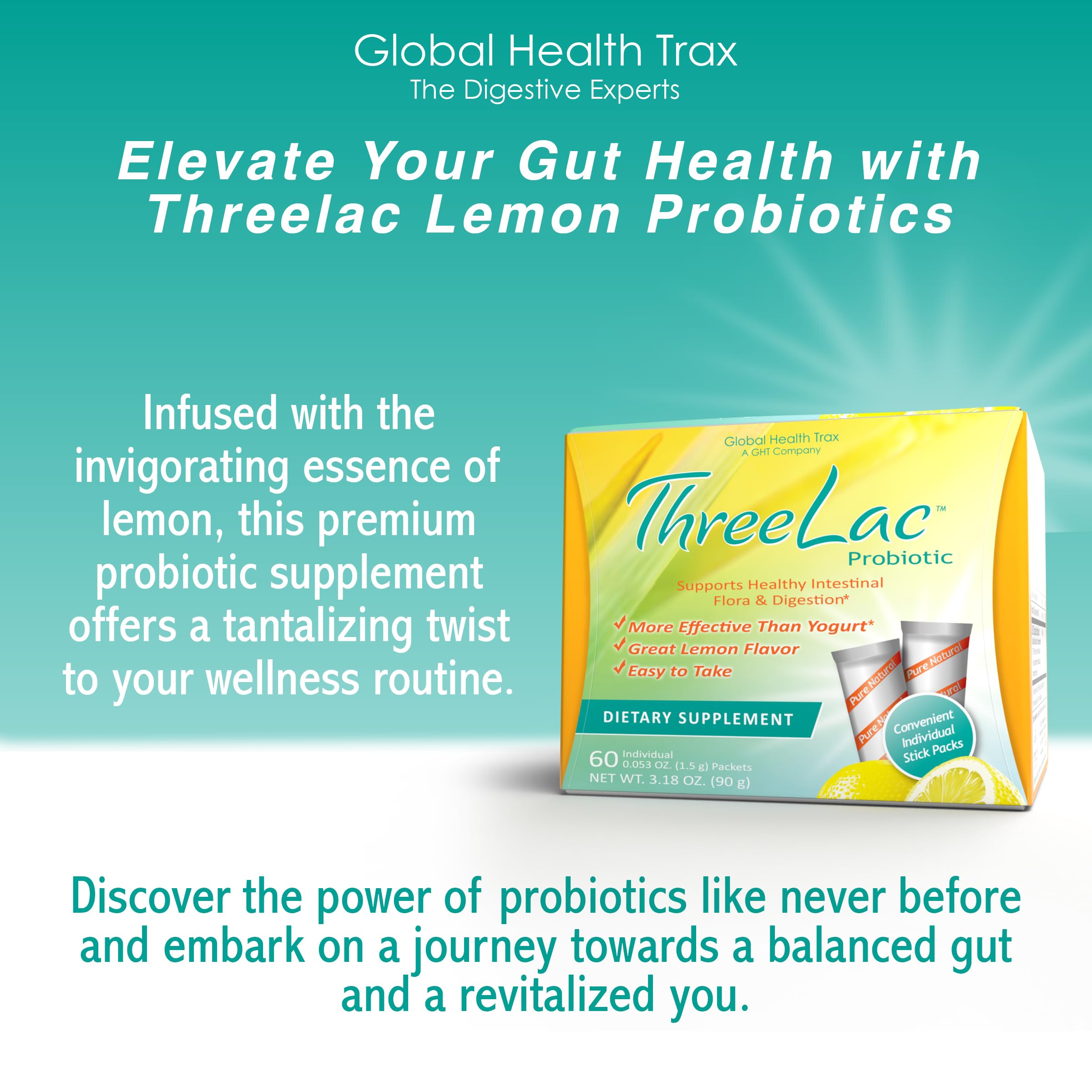 Global Health Trax GHT - ThreeLac Lemon Probiotic Drink Mix for Digestive Health - Advanced Probiotic Powder Formula for Men, Women & Kids - Immune Support & Gut Balance, Non-GMO - 60 Packets ght Global Health Trax uk supplements