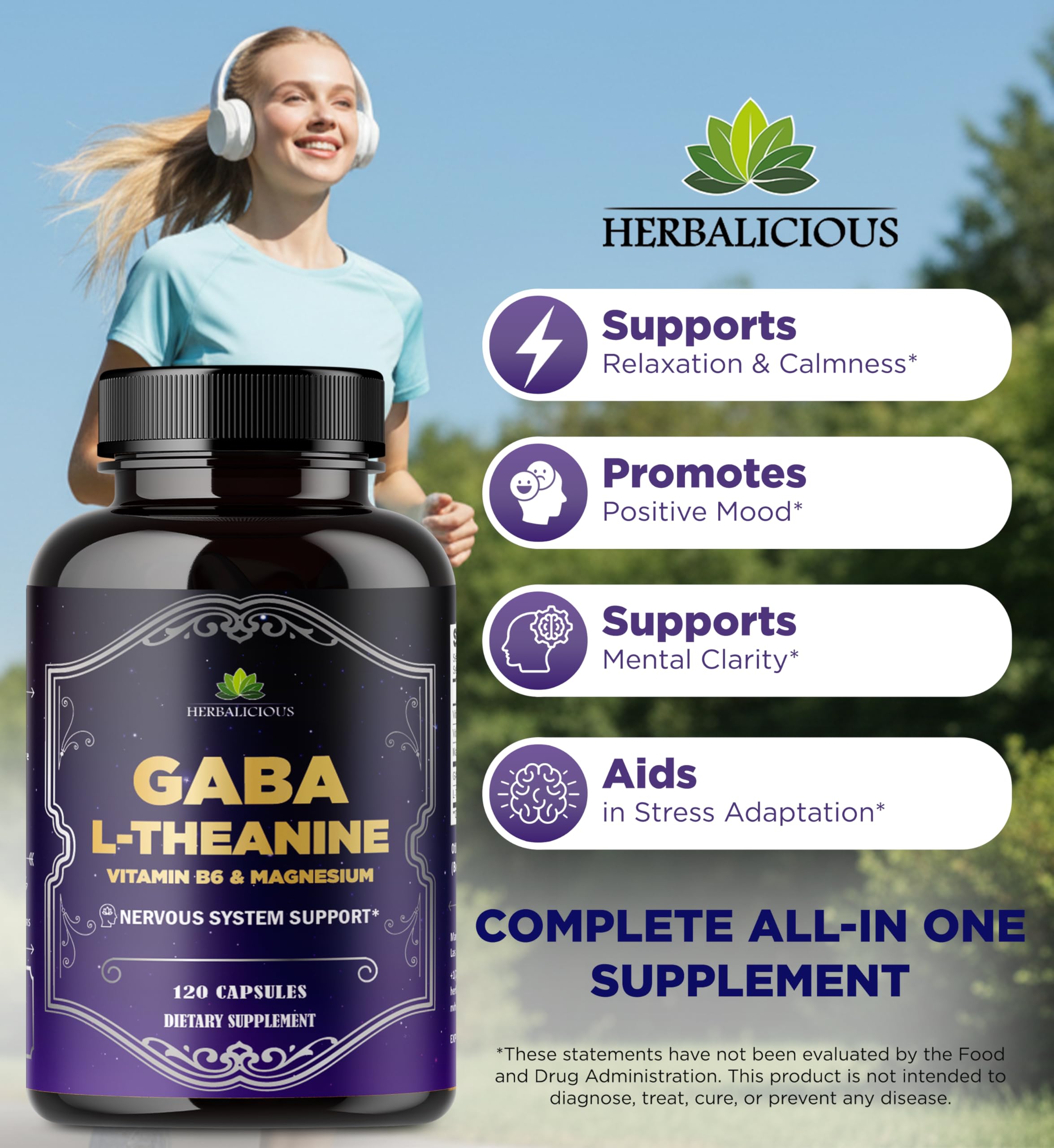 HERBALICIOUS GABA L-Theanine with Magnesium – Calm & Focus Support, Stress Relief, Relaxation + Mood Balance, Brain & Memory Support Supplement – Vitamin B6 + B12 Complex – 120 Capsules HERBALICIOUS uk supplements