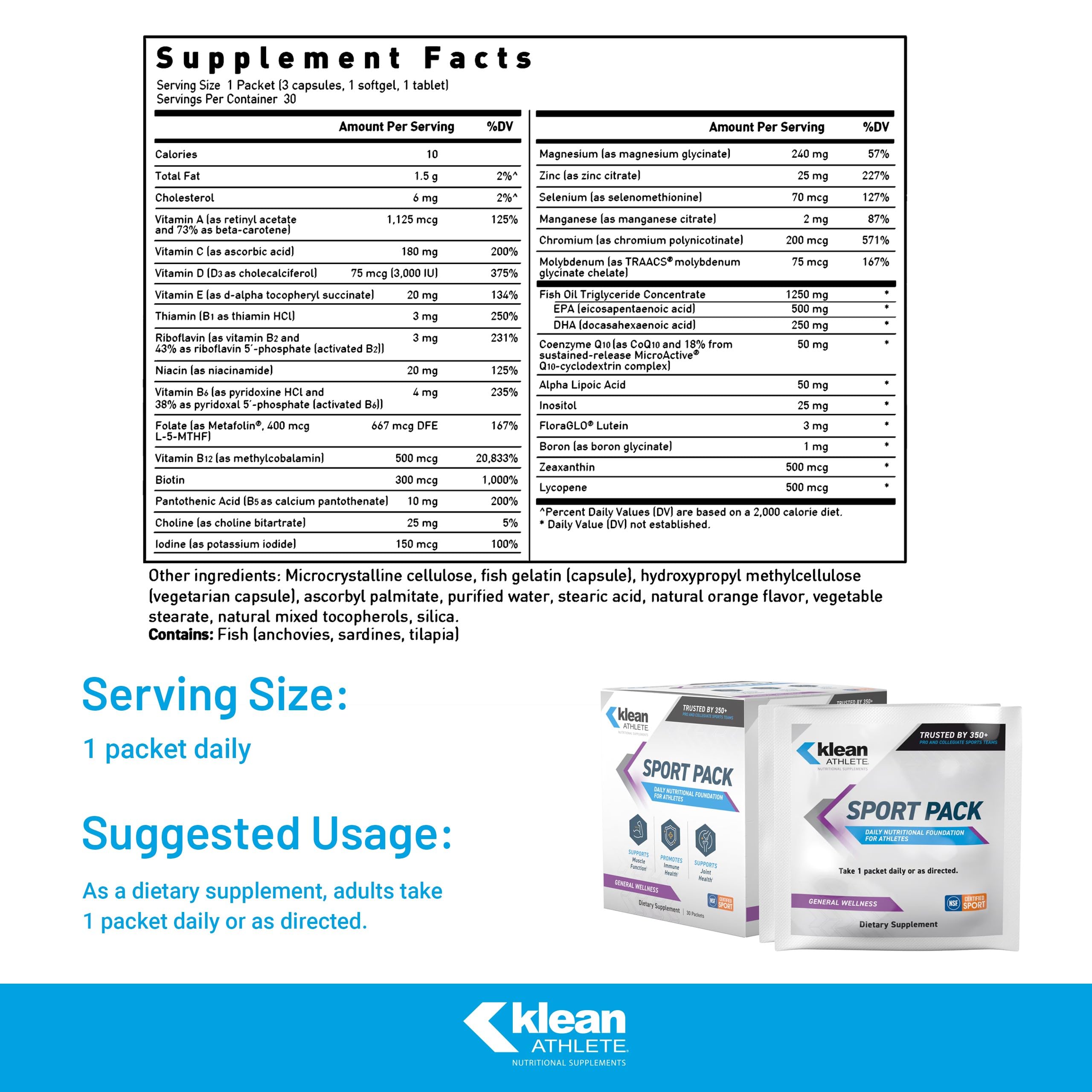 Klean Athlete Klean Sport Pack - Contains Magnesium Glycinate, Vitamin D & Omega-3 - Supports Muscle, Joint & Immune Health - NSF Certified - Daily Nutritional Supplement for Athletes - 30 Packets Klean Athlete uk supplements