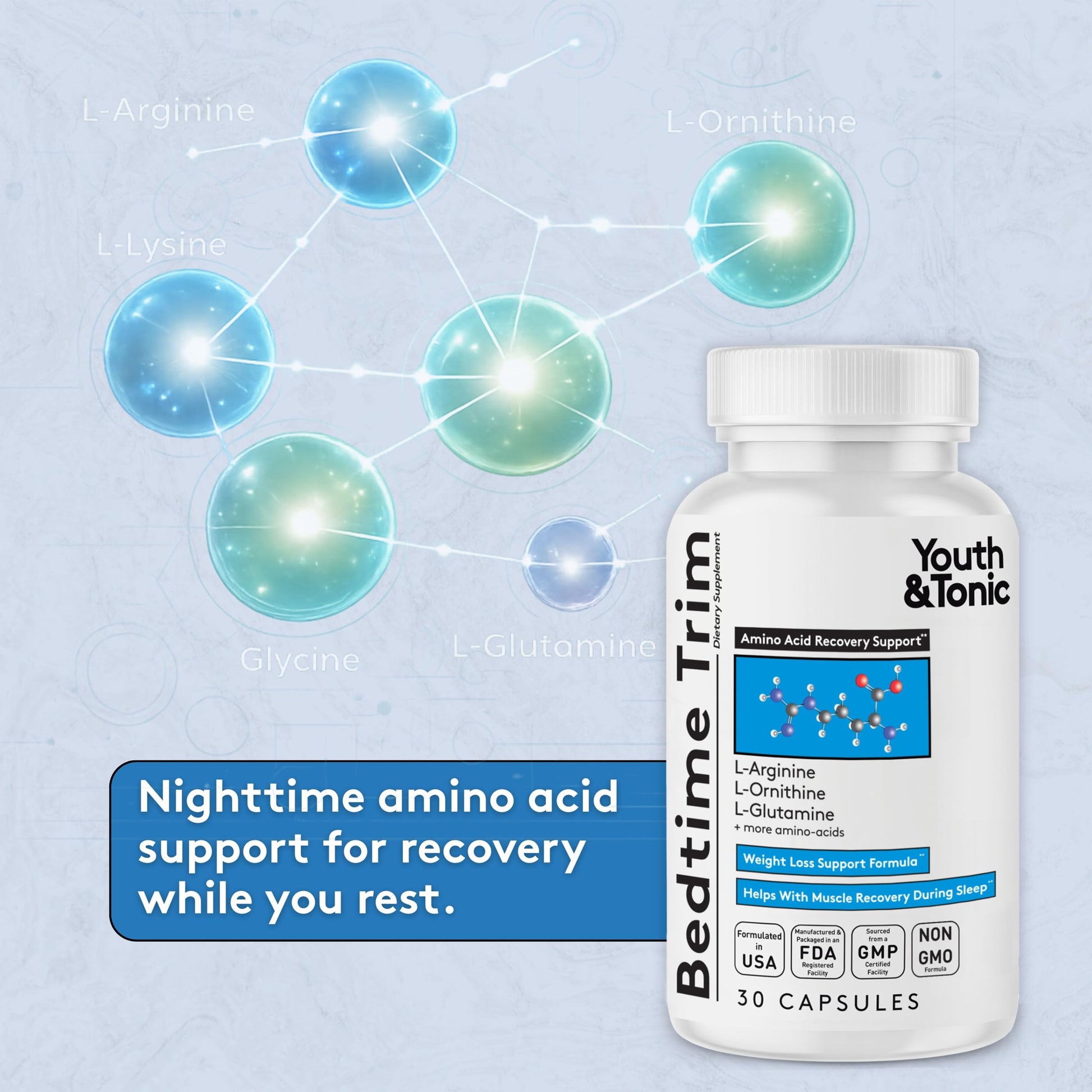 Youth & Tonic PM Bedtime Trim for Lean Appearance & Muscle Definition Support – Nighttime Amino Acids Supplement for Overnight Recovery, Men & Women, 30 Capsules Youth & Tonic uk supplements