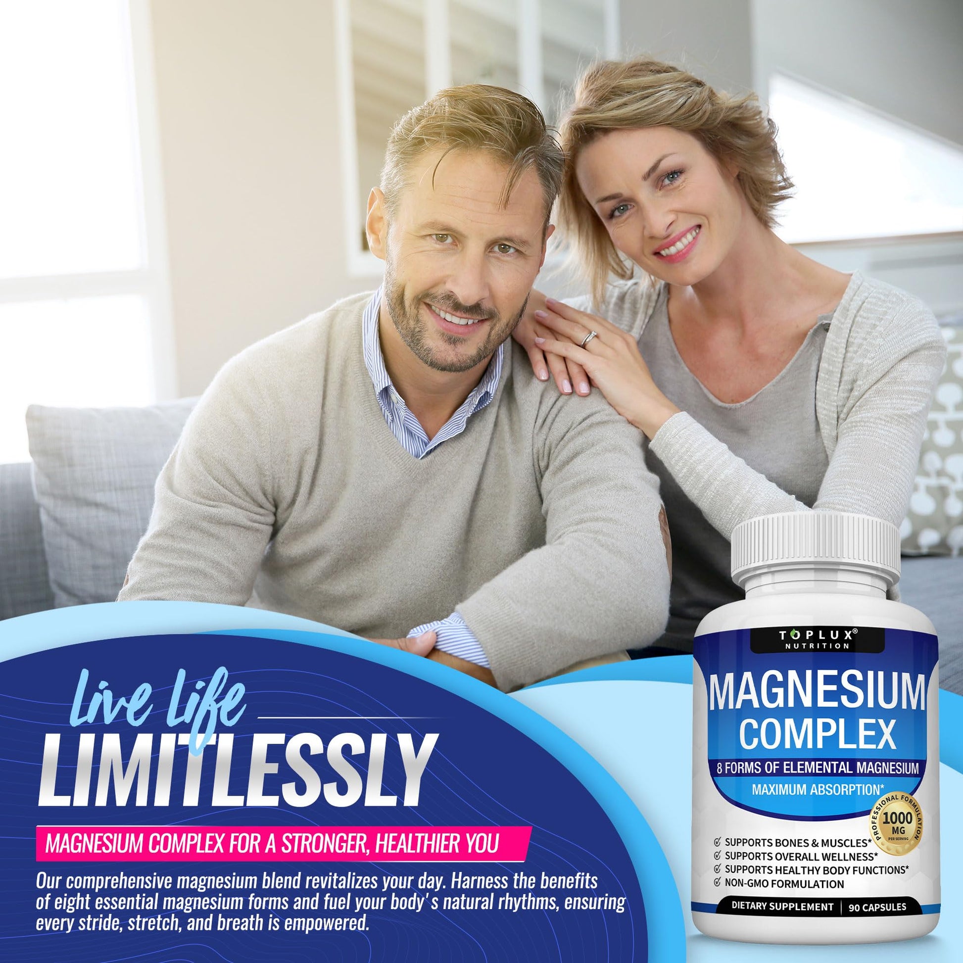 Magnesium Complex Supplement 8 Elemental 1000mg - Magnesium Glycinate, Citrate, Malate, Taurate, Chelated for Easy Absorption for Bones, Muscle, Recovery, Energy, Vegan Non-GMO 90 Capsules Toplux uk supplements