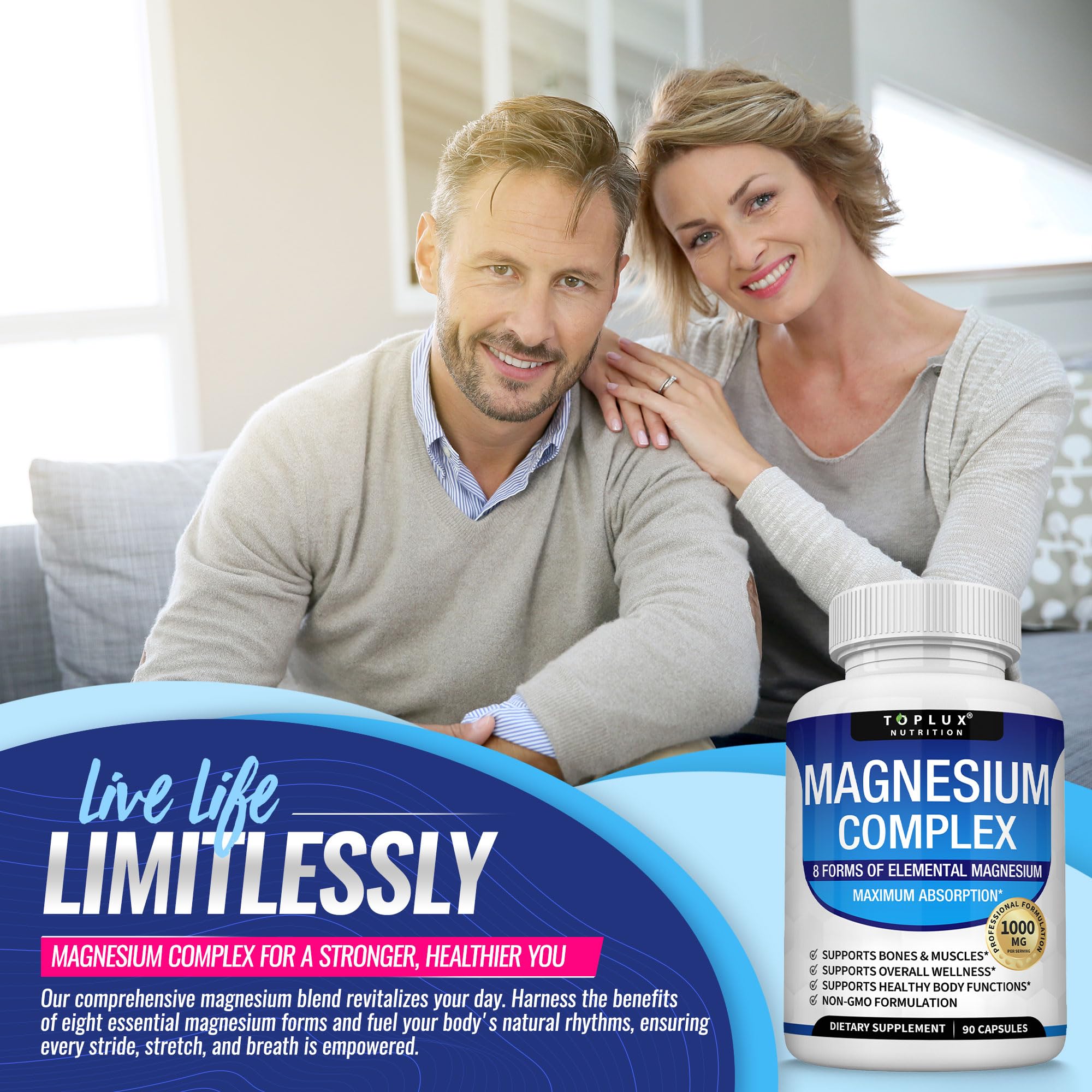 Magnesium Complex Supplement 8 Elemental 1000mg - Magnesium Glycinate, Citrate, Malate, Taurate, Chelated for Easy Absorption for Bones, Muscle, Recovery, Energy, Vegan Non-GMO 90 Capsules Toplux uk supplements