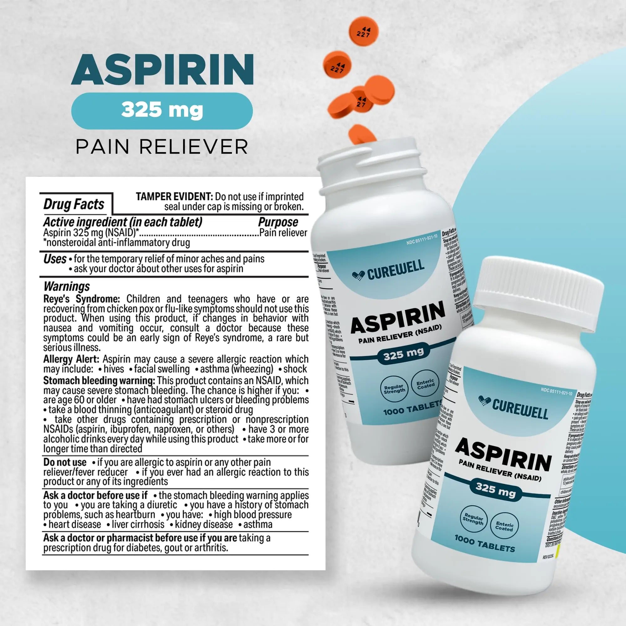 CUREWELL Enteric Coated Aspirin Tablets 325mg (1000 Count) NSAID Pain Reliever & Fever Reducer Coated Aspirin for Adults - Regular Strength for Headache Arthritis Menstrual & Muscle Pain CUREWELL uk supplements