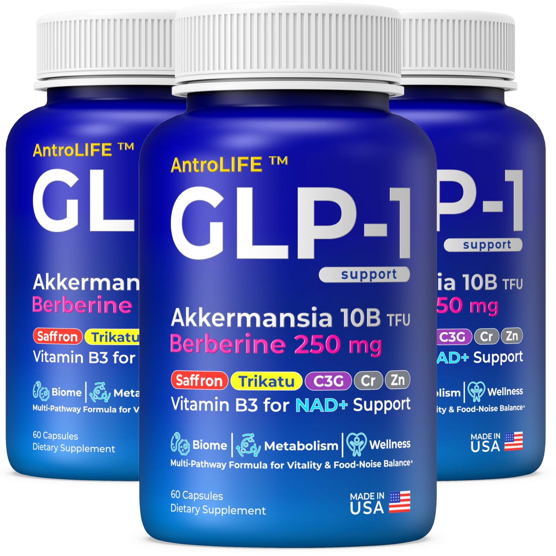 GLP-1 Support – Akkermansia Postbiotic 10B TFU + Berberine HCl 250 mg | 18-Ingredient System | Appetite, Mood & Metabolic Support | Inulin-Free | Saffron, NAD+ Cofactors | 3 Pack | 90-Day Supply ANTROLIFE uk supplements
