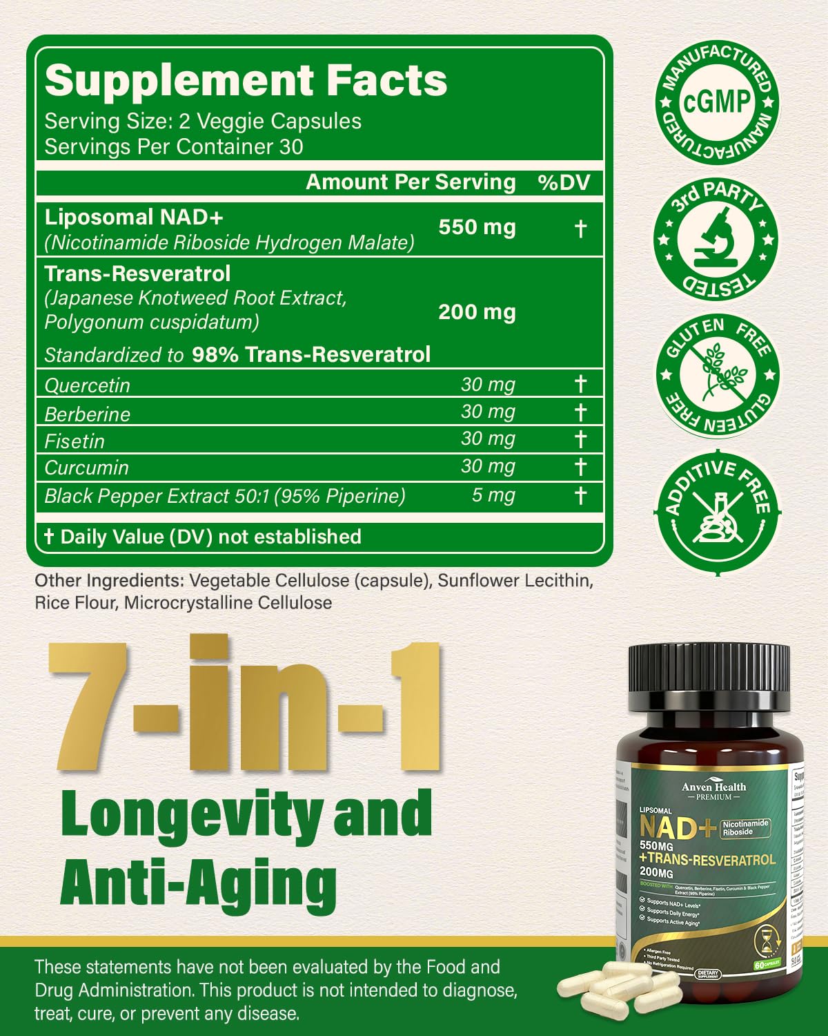 Liposomal NAD+ Resveratrol Supplement - NMN Alternative with Trans-Resveratrol, Quercetin & Fisetin - NAD Plus Booting for Women and Men, Support Cellular Energy & Healthy Aging, Non-GMO | 60 Capsules Anven Health uk supplements