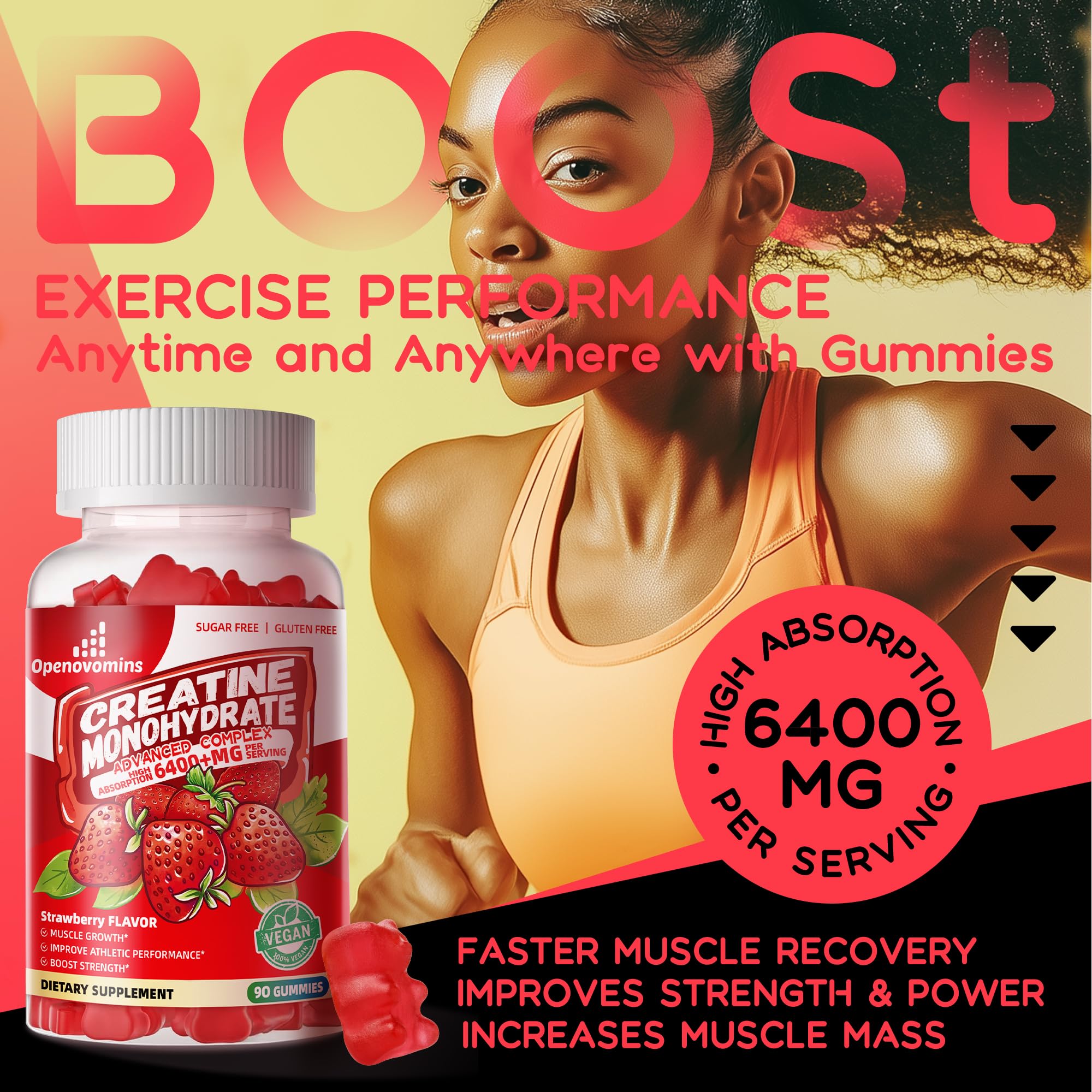 Creatine Monohydrate Gummies Complex for Men & Women -Advanced Formula W/L-Taurine + Vitamin B12, Sugar Free Chewable Supplement,90 Strawberry Gummies Openovomins uk supplements