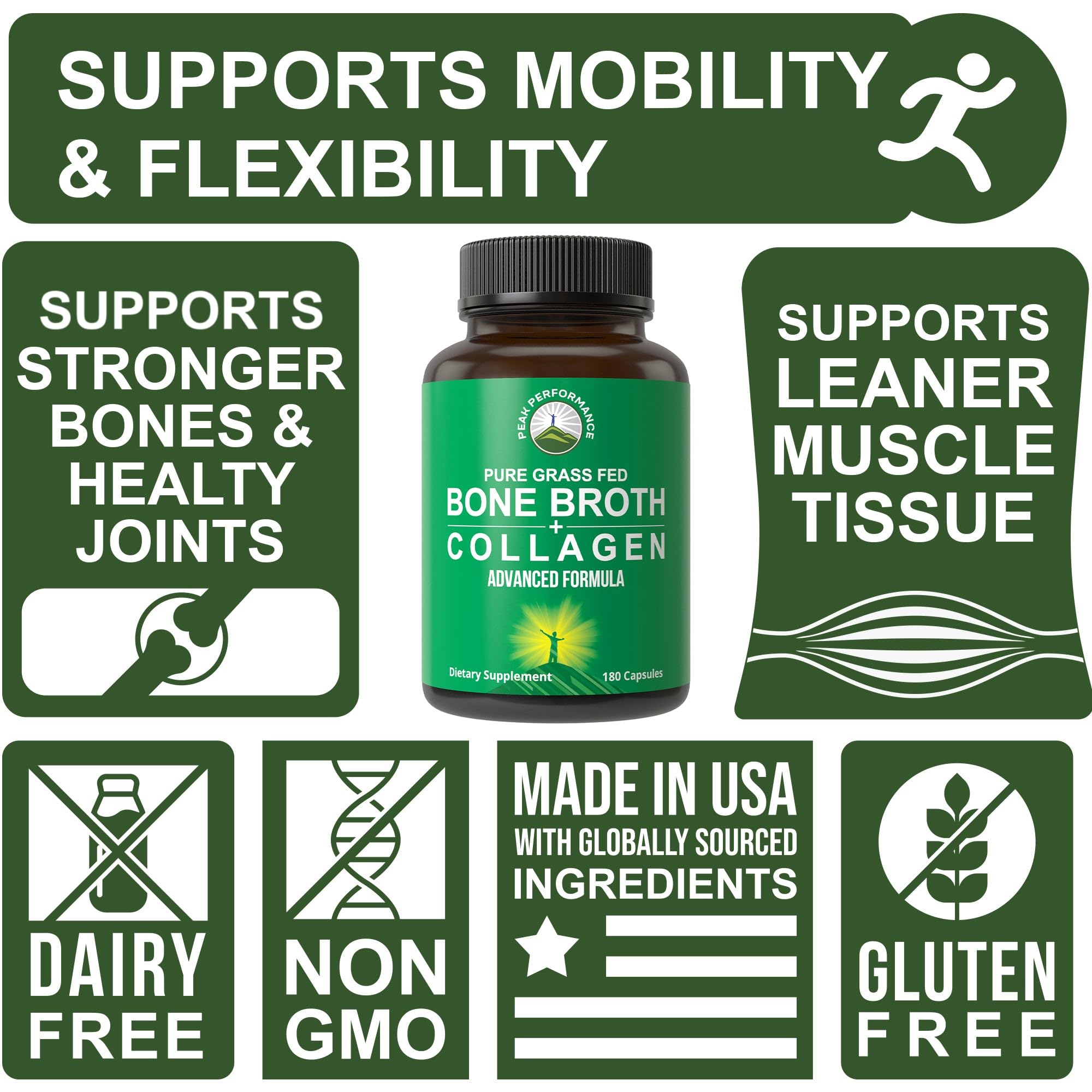 Bone Broth Collagen Capsules. 180 Pills of Grass Fed Bone Broth Collagen Protein Peptides. Contains All 3 Types 1, 2, and 3. Pure Pasture Raised Paleo Friendly Tablets for Women and Men Peak Performance uk supplements