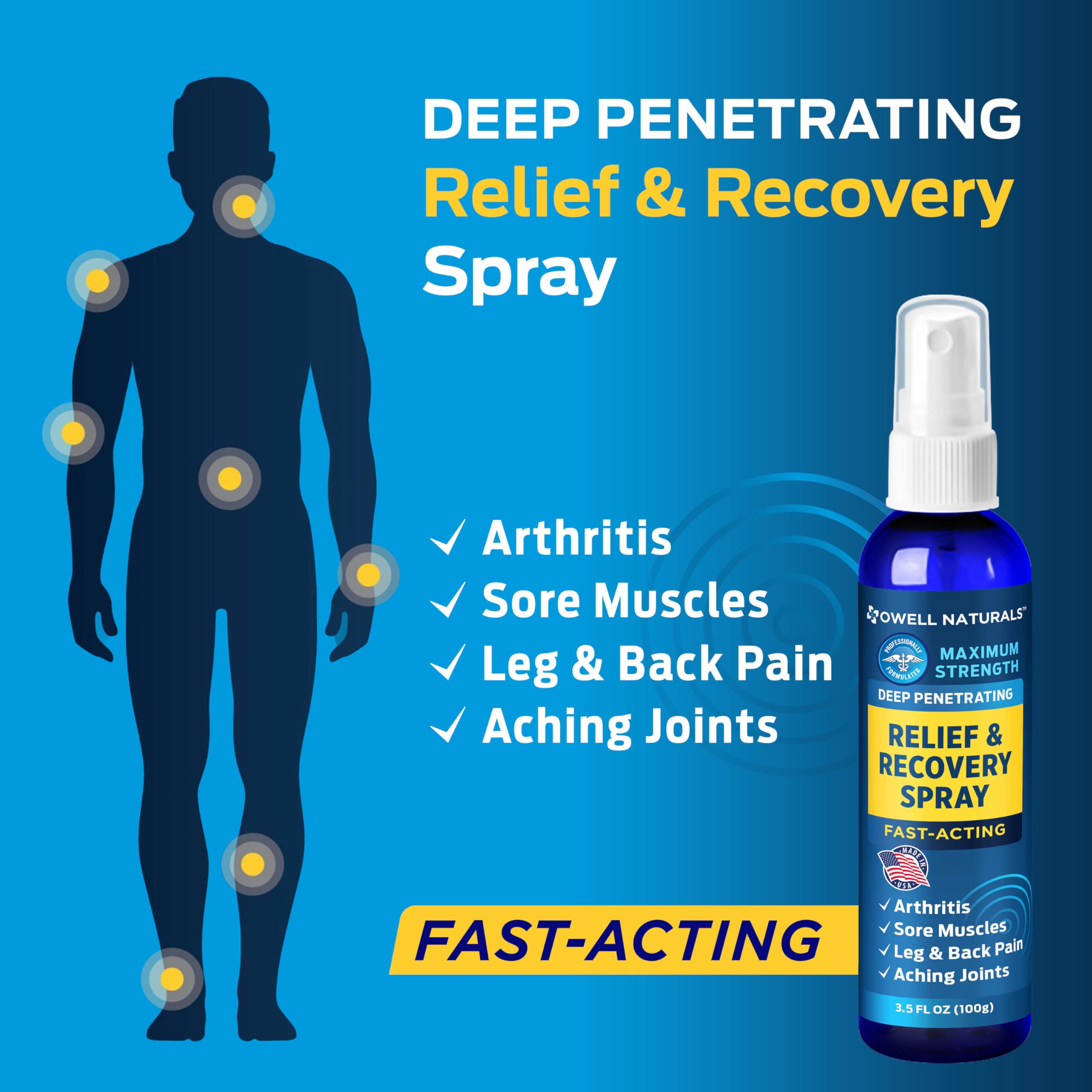 OWELL NATURALS Deep Penetrating Pain Relief Liquid Spray, Fast-Acting, Long Lasting, Natural Relief for Muscle Aches, Joint Pain, Stiffness, Quick Dry Formula, 3.5 oz Owell Naturals uk supplements