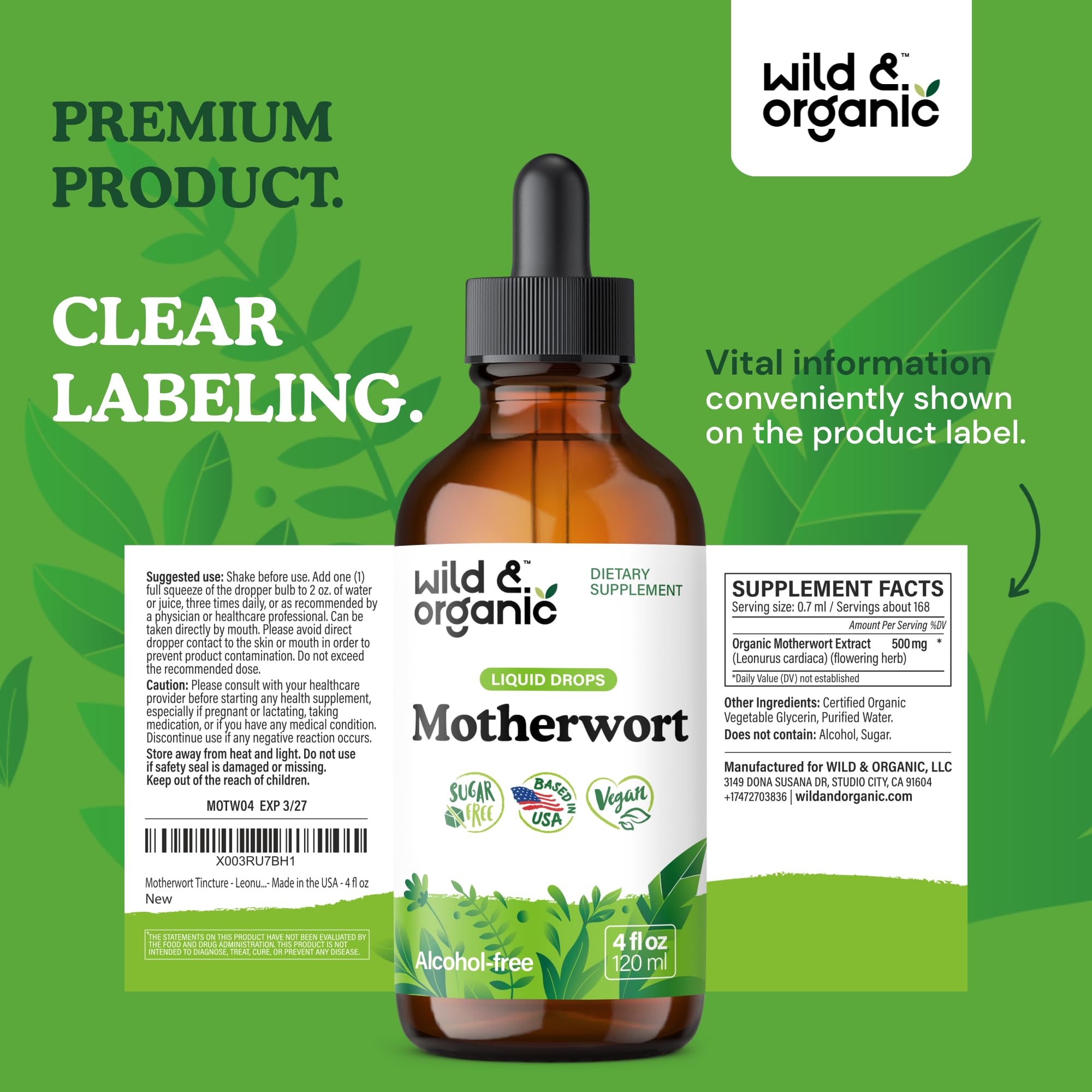 Wild & Organic Motherwort Tincture - Good Mood, Calmness, Overall Support - Supplements for Women with Motherwort Herb - Vegan, Sugar & Alcohol-Free Extract Drops - 4 fl oz Wild & Organic uk supplements