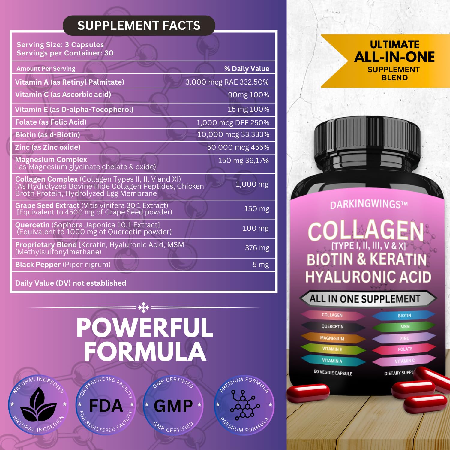 Multi Collagen Pills Peptides Types I, II, III, V & X MCG Biotin Keratin Hyaluronic Acid MSM Vitamin C Zinc Magnesium with Grape Seed Extract, Quercetin - Hair Skin and Nails Vitamins Capsule Darkingwings uk supplements