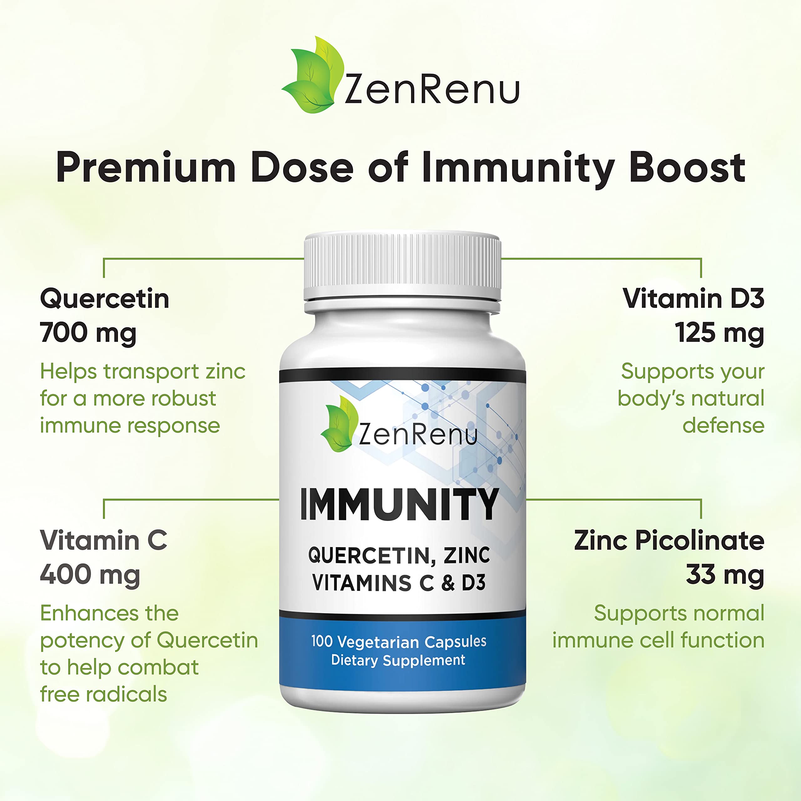 Zenrenu Immunity Quercetin 700 mg Zinc Vitamin C Vitamin D Immune Support Supplement with Curcumin - Easy to Absorb Immunity Supplement, 100 Vegetarian Capsules 50 Day Supply Zenrenu uk supplements