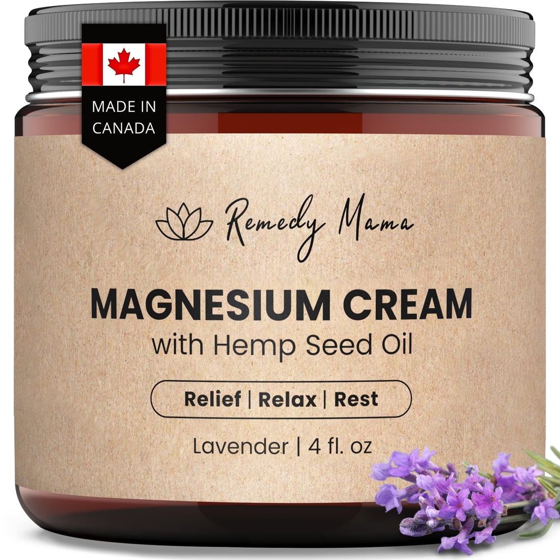 Remedy Mama Magnesium Cream for Sleep, Cramps & Muscle Soreness – with Hemp Seed Oil, Jojoba, Shea & Mango Butter – Natural, Skin-Friendly & Safe for Kids – Lavender – 4oz Glass Jar – Made in Canada Remedy Mama uk supplements