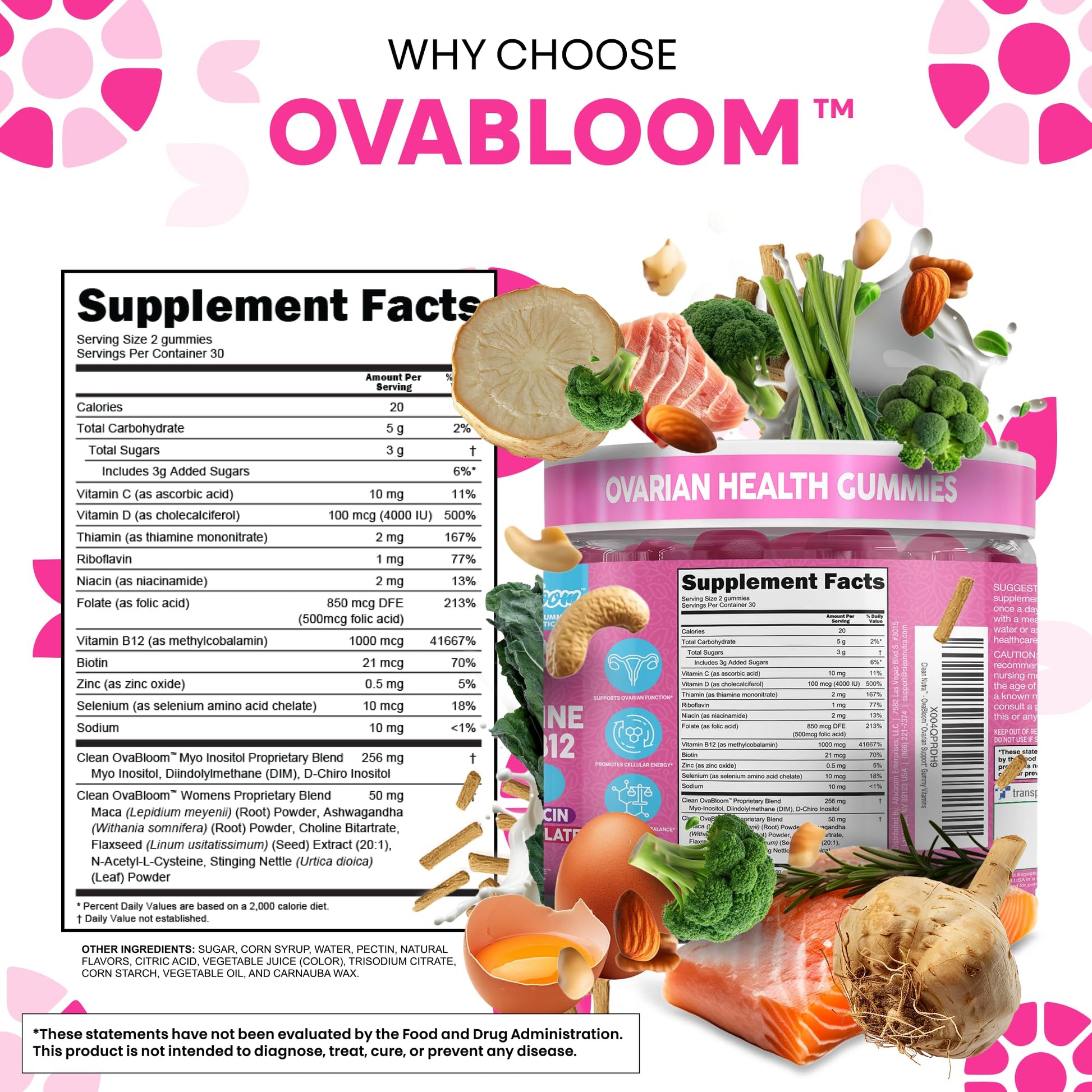 OVA Bloom Ovarian Support Gummies Myo Inositol D-Chiro Inositol Choline Flax Biotin Riboflavin Thiamin Niacin Ashwagandha DIM Maca Root Vitamin C D3 B12 Zinc 60 Count By Clean Nutra Clean Nutraceuticals uk supplements