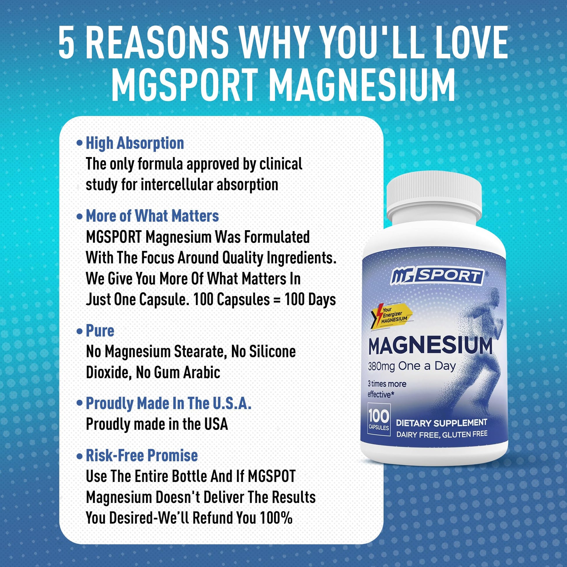 MGSPORT Magnesium Supplement 380mg - High Absorption Magnesium Complex Formula with Vitamins B6, D, E - Supports Muscle Function and Sleep Quality - 100 Servings MgSport uk supplements