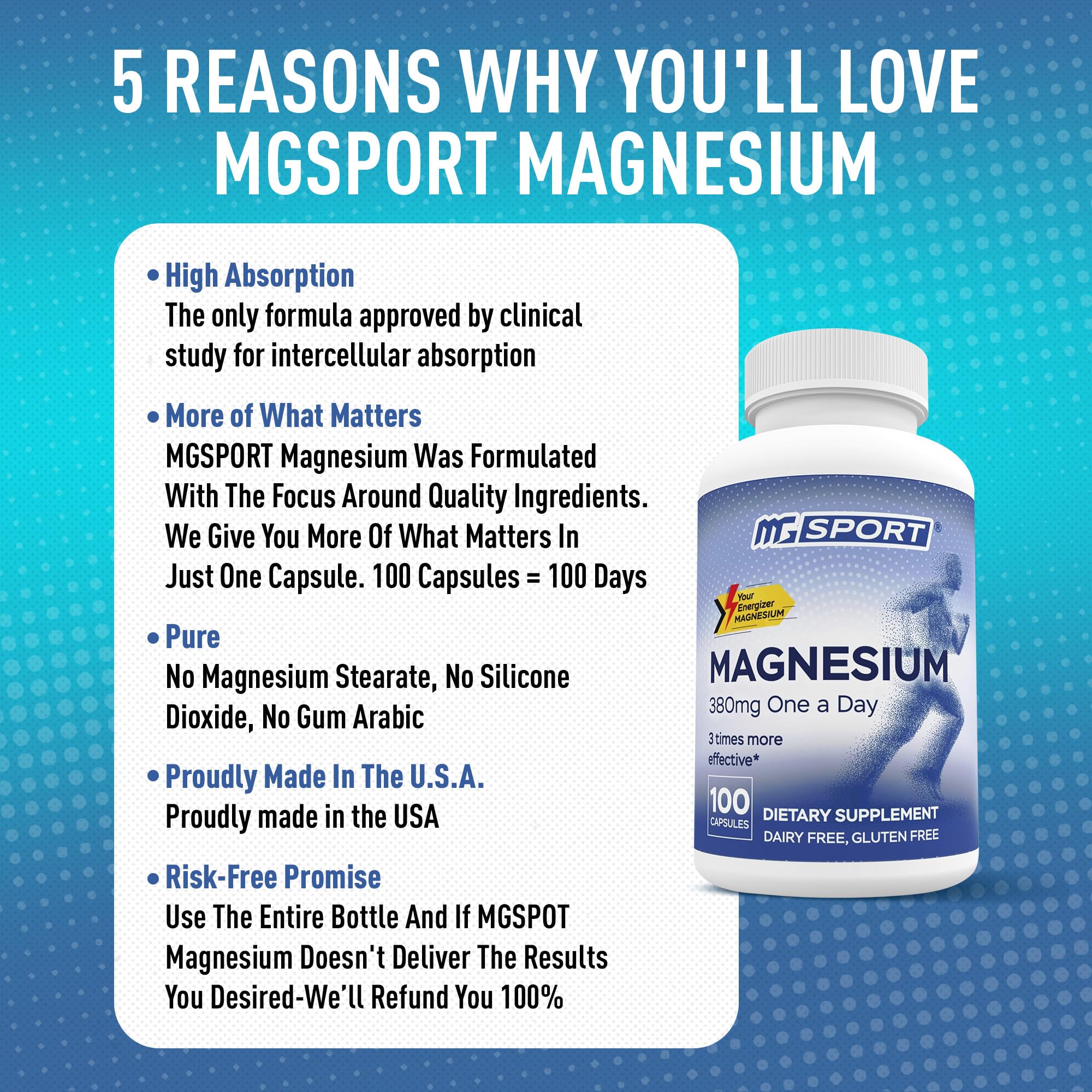 MGSPORT Magnesium Supplement 380mg - High Absorption Magnesium Complex Formula with Vitamins B6, D, E - Supports Muscle Function and Sleep Quality - 100 Servings MgSport uk supplements