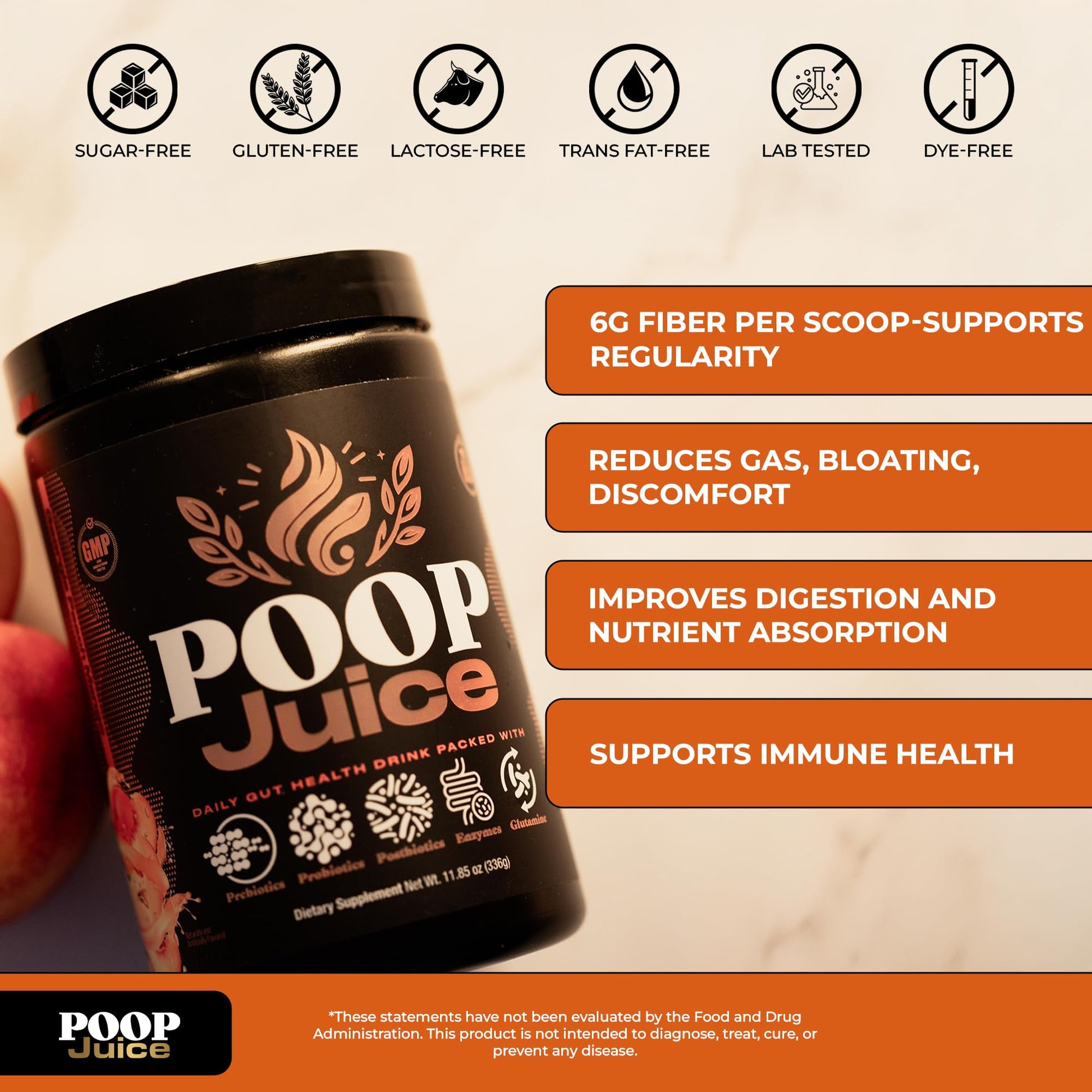 Poop Juice 5-in-1 Daily Fiber Supplement Powder - Bloat & Poop Relief - Prebiotic, Probiotic, Postbiotic, Digestive Enzymes, L-Glutamine - GLP-1 Support - Sugar-Free Georgia Peach Mango (30 Servings) Poop Juice uk supplements