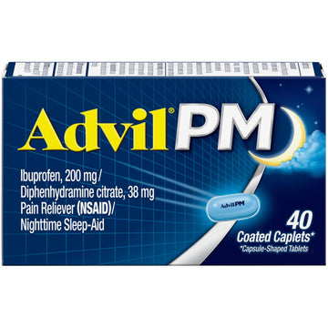Advil PM Pain Reliever and Nighttime Sleep Aid, Pain Medicine with Ibuprofen for Pain Relief and Diphenhydramine Citrate for a Sleep Aid - 40 Coated Caplets Advil uk supplements