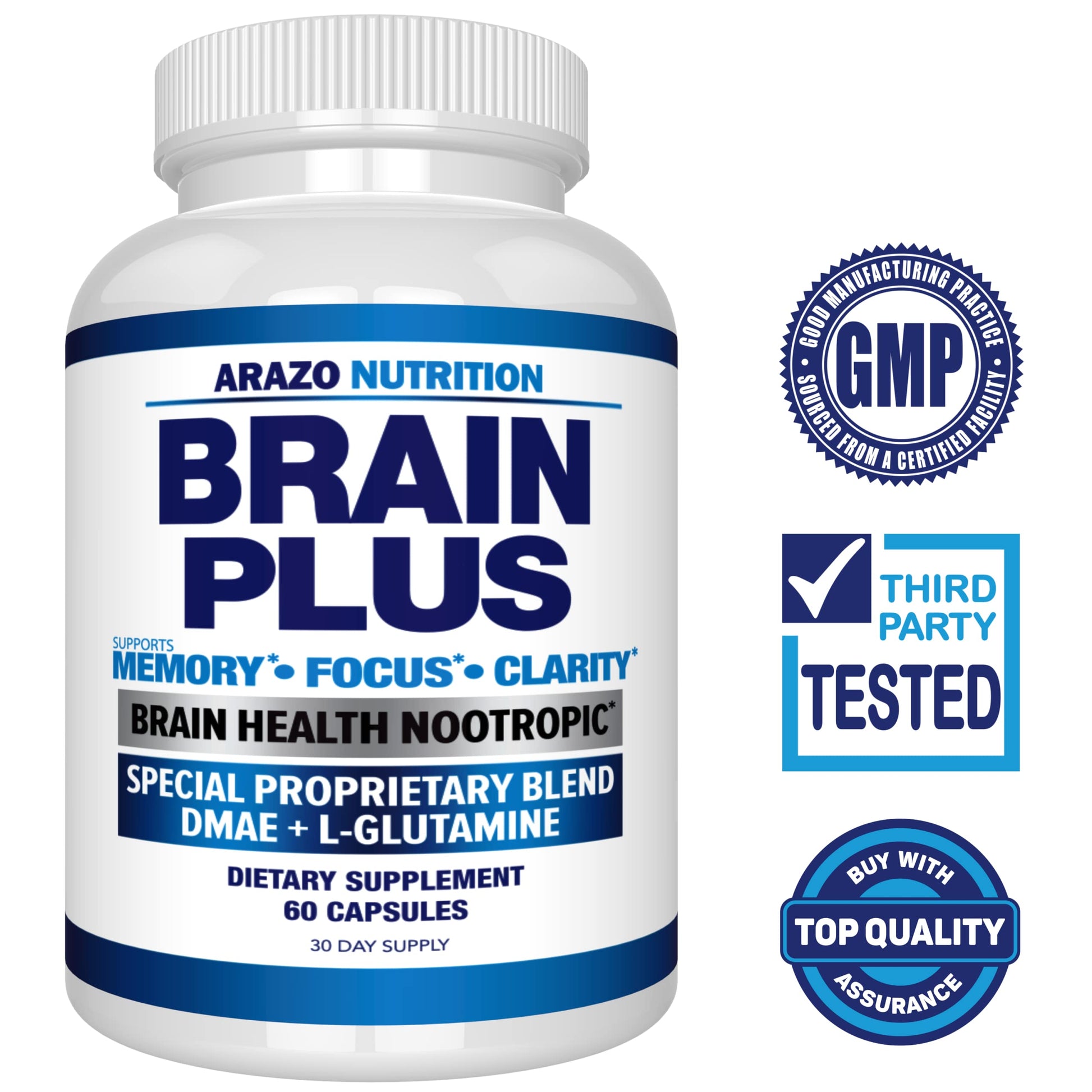 Arazo Nutrition Premium Brain Function Supplement – Memory, Focus, Clarity – Nootropic Booster with DMAE, Bacopa Monnieri, L-Glutamine, Multi Vitamins, Multi Minerals Arazo Nutrition uk supplements
