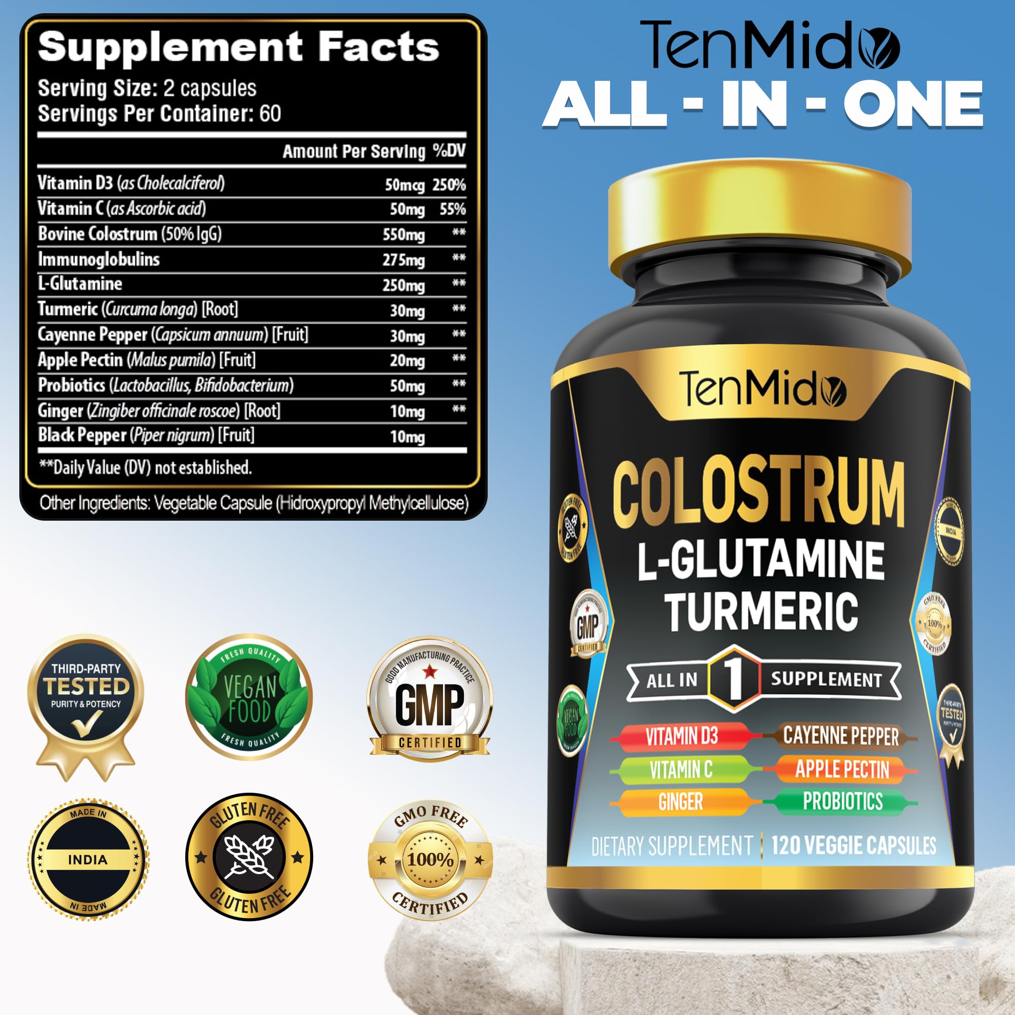 Tenmido Colostrum Supplement - 10in1 Formula - Combine with L- Glutamine, Turmeric, Cayenne Pepper, Apple Pectin, Probiotics, Ginger, and More - Digestive Health, Immune Support - 120 Capsules Tenmido uk supplements