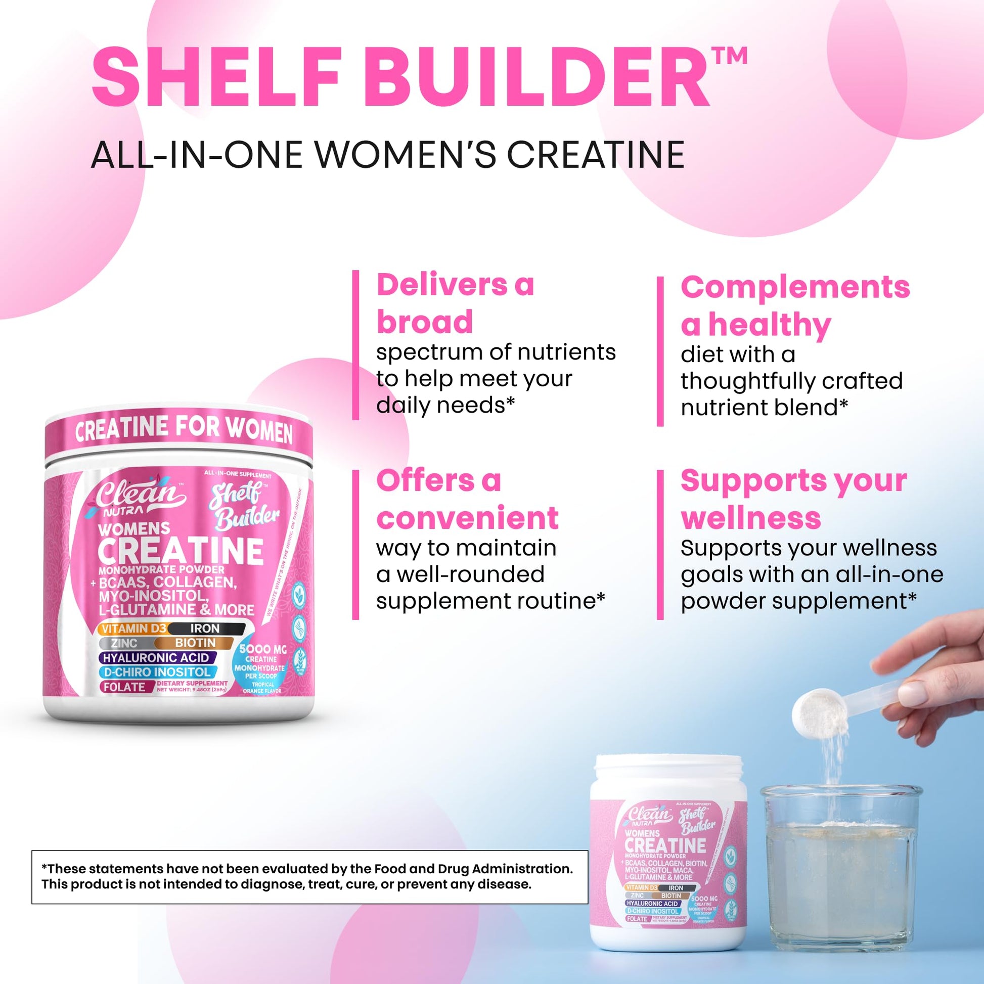 Creatine for Women | Creatine Monohydrate + BCAA Powder Myo-Inositol Collagen Biotin Hyaluronic Acid Folate L Glutamine Vitamin D3 Iron Zinc D-Chiro-Maca Digestion Shelf Builder by Clean Nutra Clean Nutraceuticals uk supplements