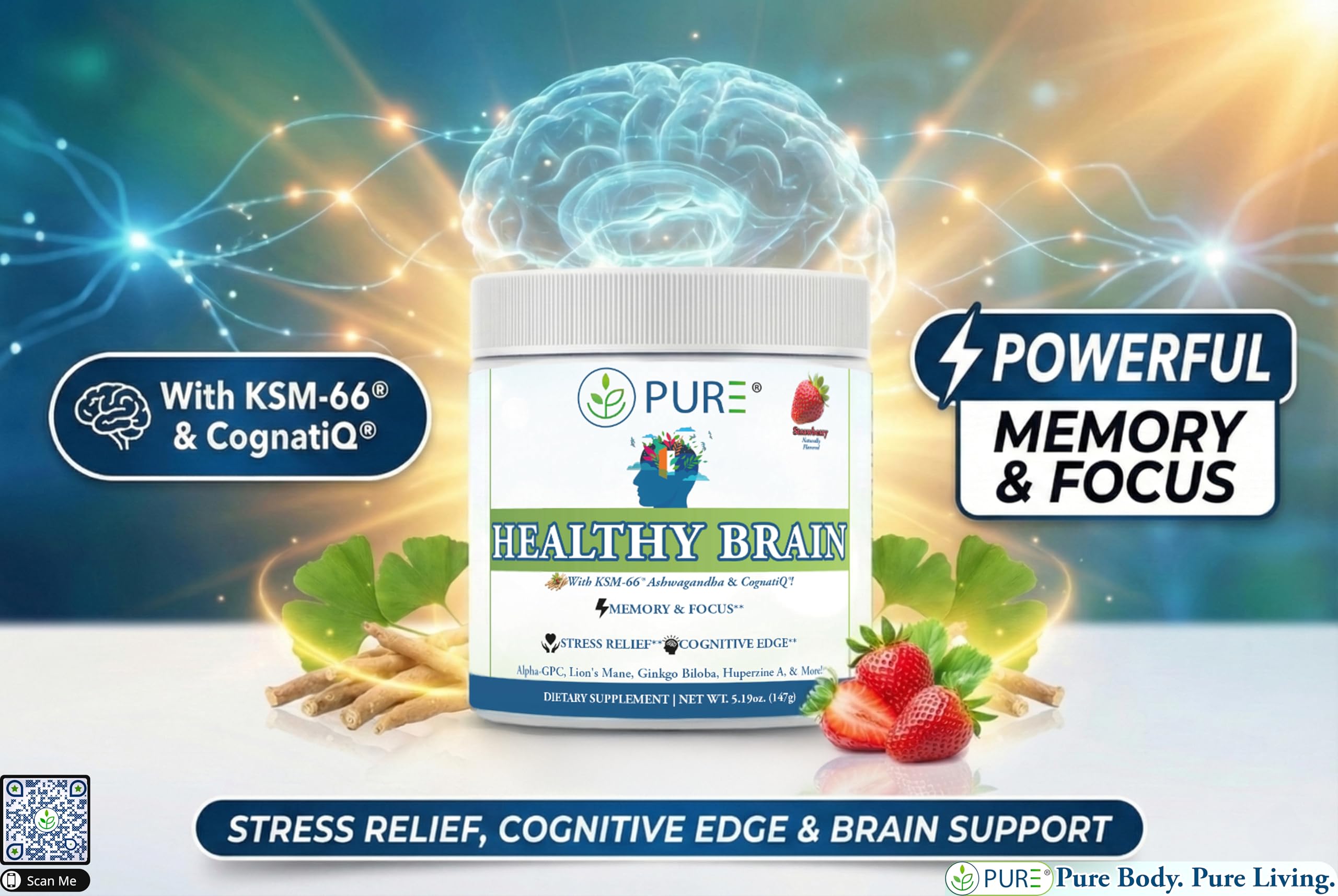 PURE® Healthy Brain Nootropic Powder - 30 Servings - 1.25g Lion’s Mane, 600mg Alpha-GPC & KSM-66® Ashwagandha - Cognitive Support for Memory, Focus & Stress Relief - 147 Grams, Strawberry Flavor! PURE uk supplements