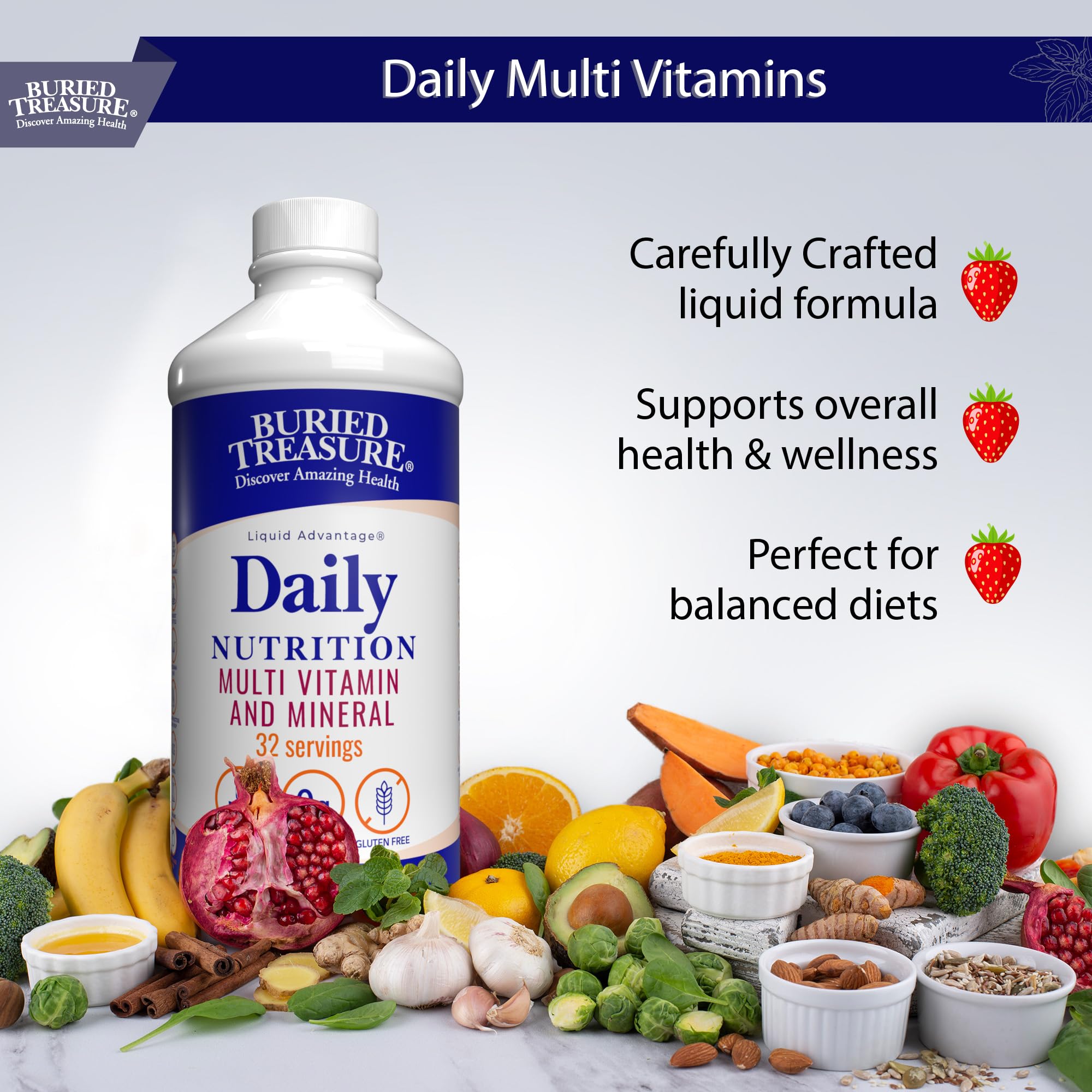 Buried Treasure Daily Nutrition Liquid Multivitamin and Mineral Supplement with Trace Minerals, Superfoods, Vitamin A, B-Complex, C, D, E, Methylfolate, Biotin, Magnesium, Zinc, Resveratrol, 32 serv Buried Treasure uk supplements
