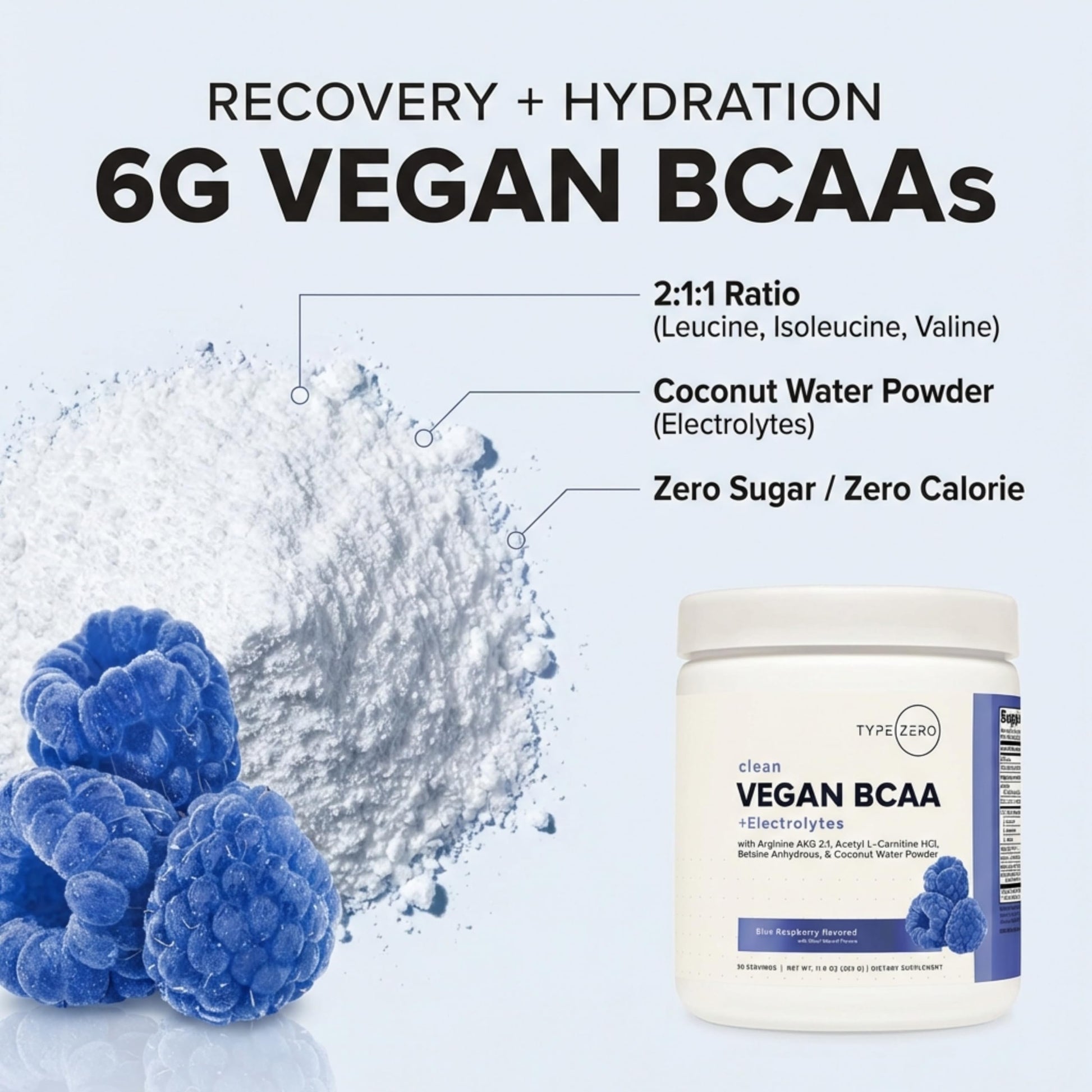 Type Zero Ultra Clean Vegan BCAA Powder + Electrolytes (Blue Raspberry | 6G) 2:1:1 Sugar-Free/No Sucralose BCAAs Amino Acids Supplement - BCAA Vegan Amino Acids After Workout Drink, 30 Servings Type Zero uk supplements