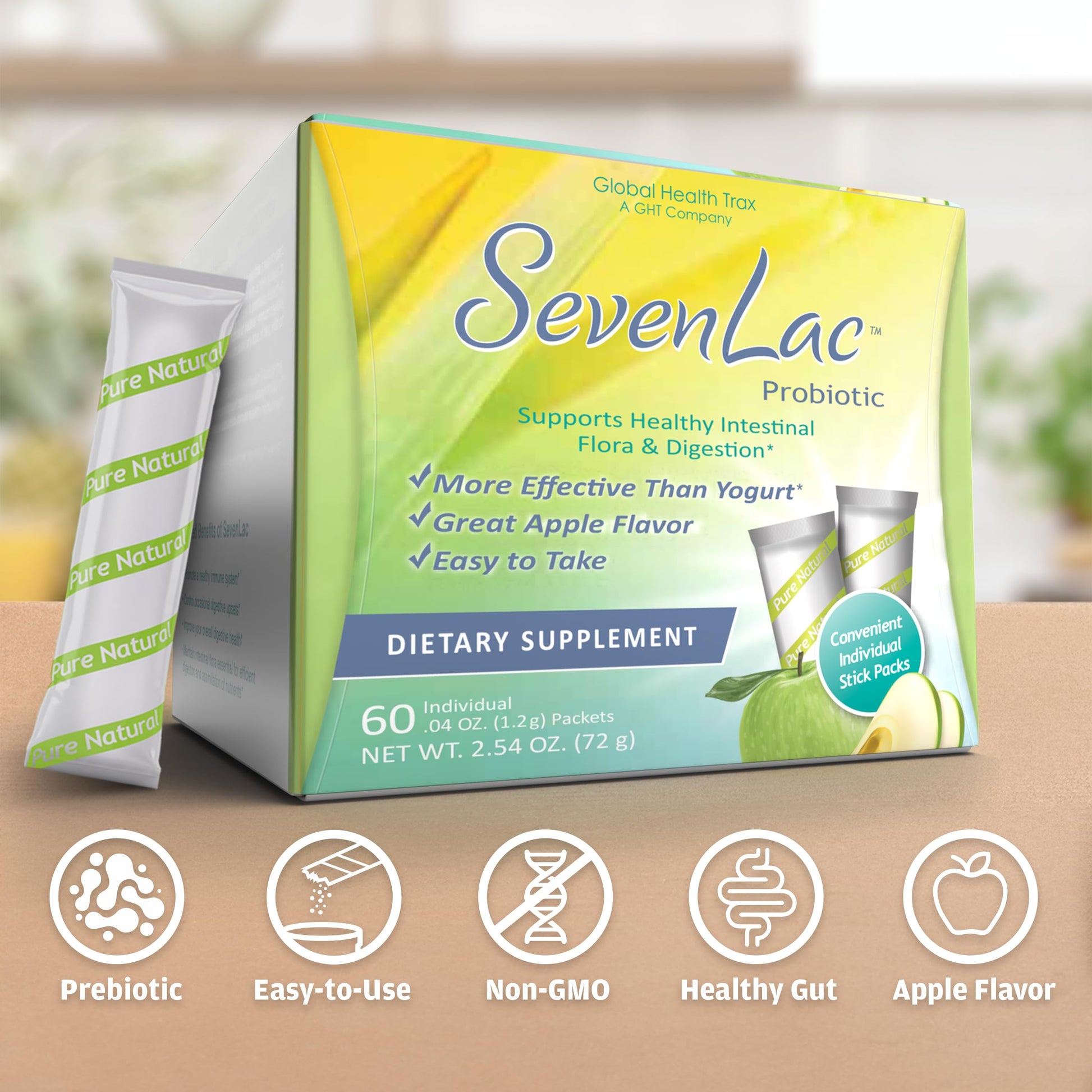 Global Health Trax SevenLac Apple Probiotic Powder Drink Mix, Probiotics for Women, Men, and Kids – Smooth Digestive Support - Relieves Constipation and Gas – 60 Packets, 2.54 Oz, Non-GMO, Gluten-Free ght Global Health Trax uk supplements