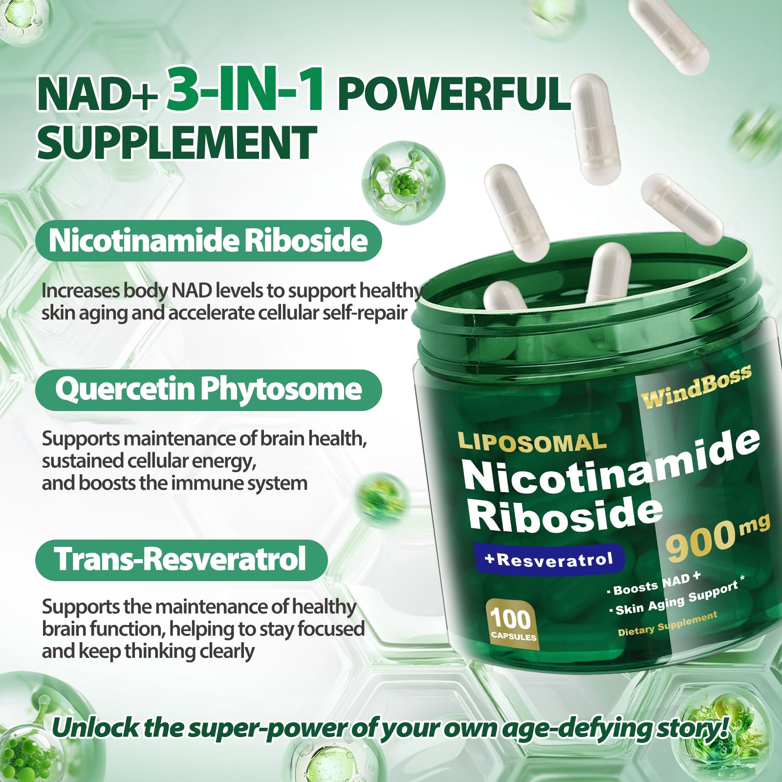 Windboss Liposomal NAD+ Supplement with Nicotinamide Riboside & Resveratrol, NAD Booster for Cellular Energy, Anti-Aging & Metabolism – NMN Alternative, NAD Supplement for Men & Women – 2pcs Windboss uk supplements