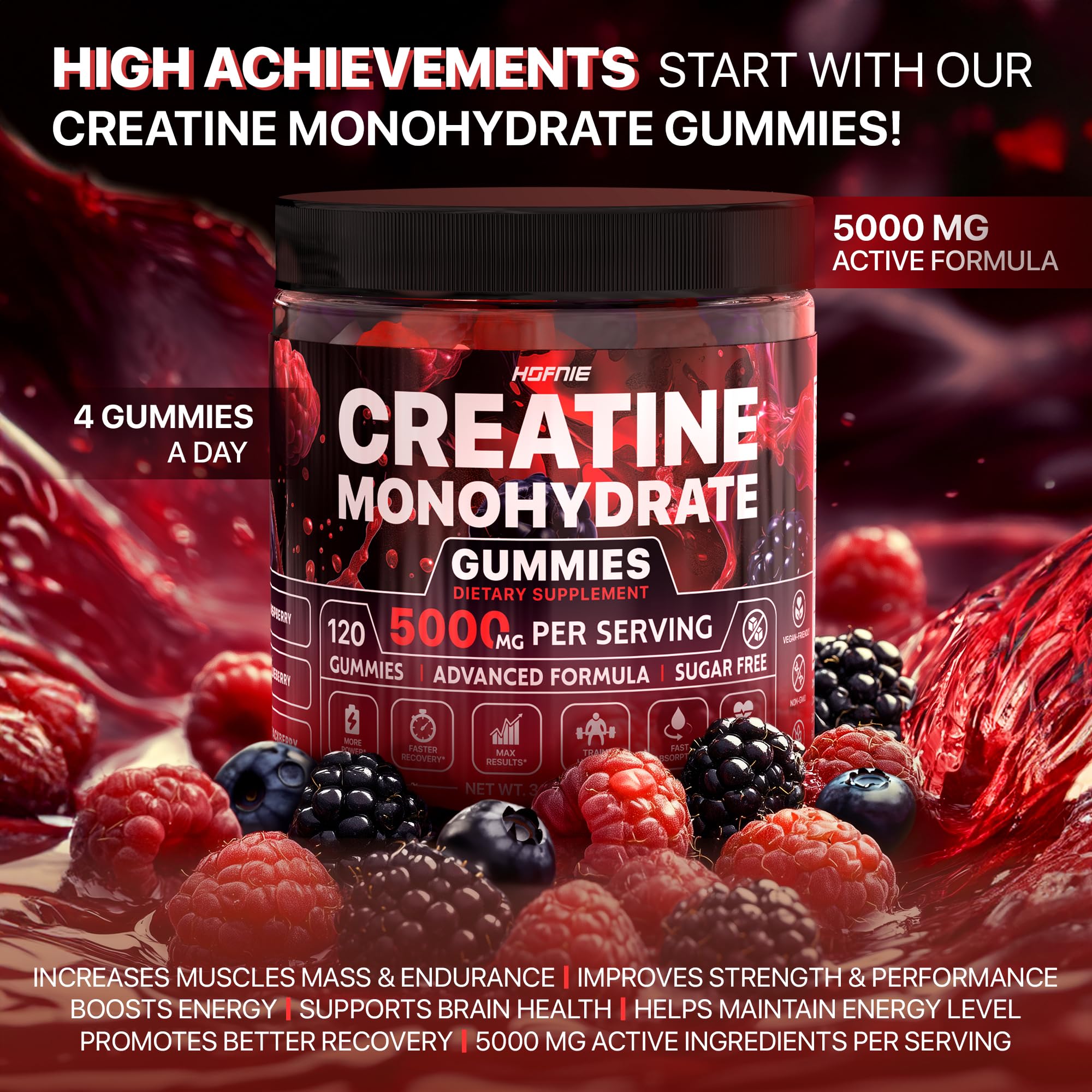 Hofnie Creatine Monohydrate Gummies 5000 mg – Vegan, Sugar-Free Pre Workout Creatine for Men & Women – Raspberry & BlackBerry Flavored Chewable Creatine Monohydrate, 120 Gummies (30-Day Supply) Hofnie uk supplements