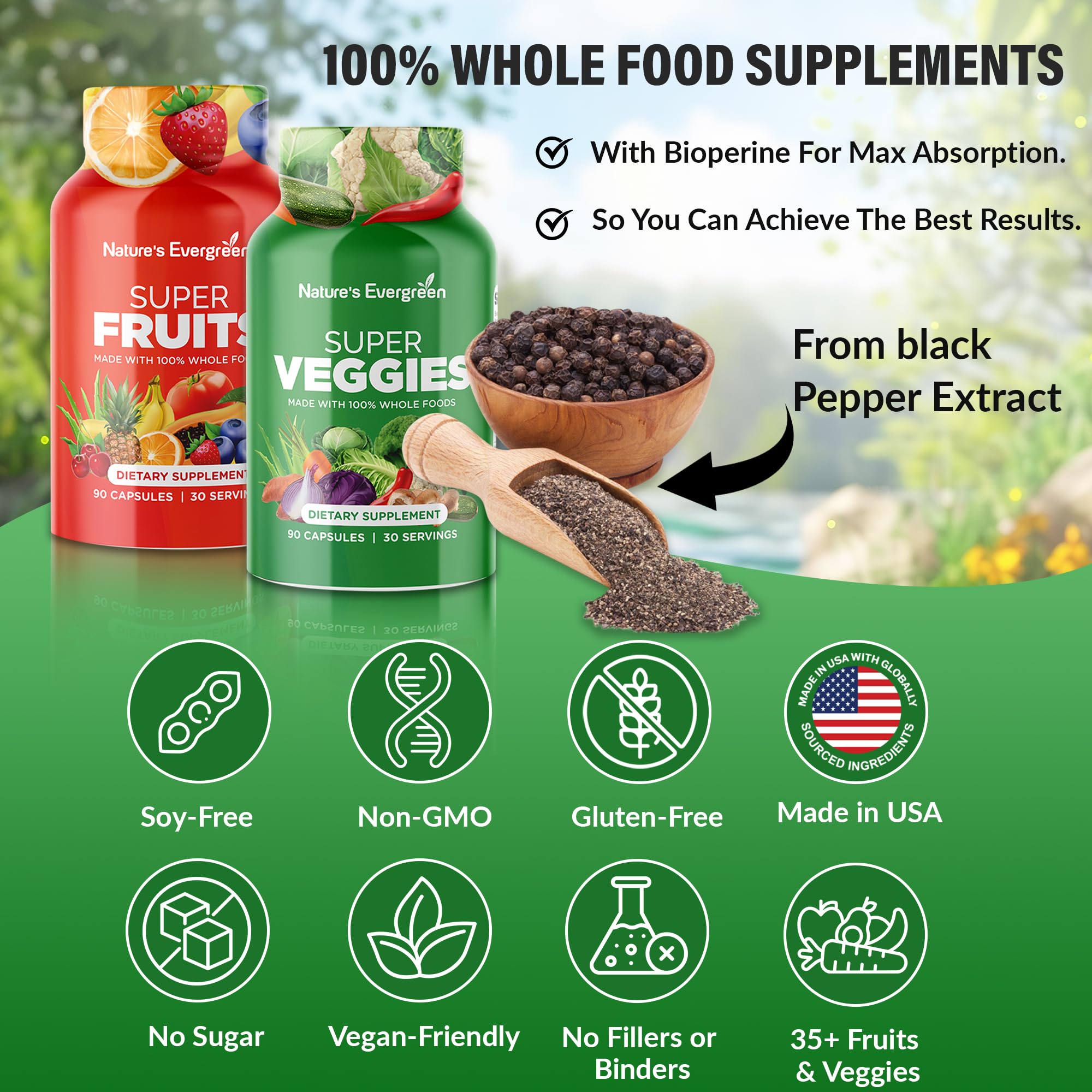 Fruits and Veggies Supplement - Nature Fruits and Vegetables Supplements - Vegan, Non GMO, Soy Free, Superfood Vitamins & Minerals Nutritional Balance - (Total 180 Capsules - Pack of 2) Made in USA Nature's Evergreen uk supplements