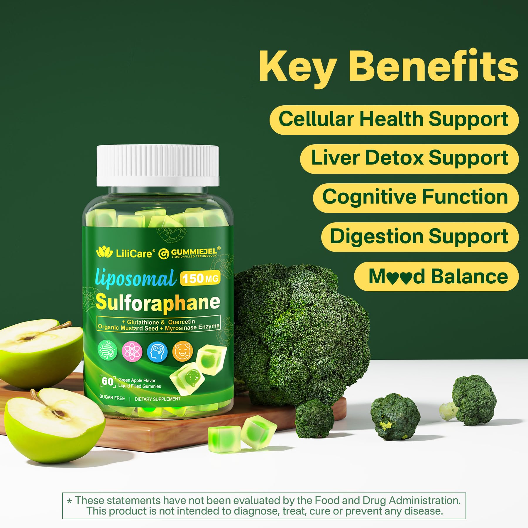 Liposomal Sulforaphane Supplement 150mg, from Broccoli Seed Extract w/Myrosinase, Quercetin, Glutathione, Sulforaphane Supplement Gummies for Antioxidants Detox Cellular Brain Health, Chewable 60Cts LILICARE uk supplements
