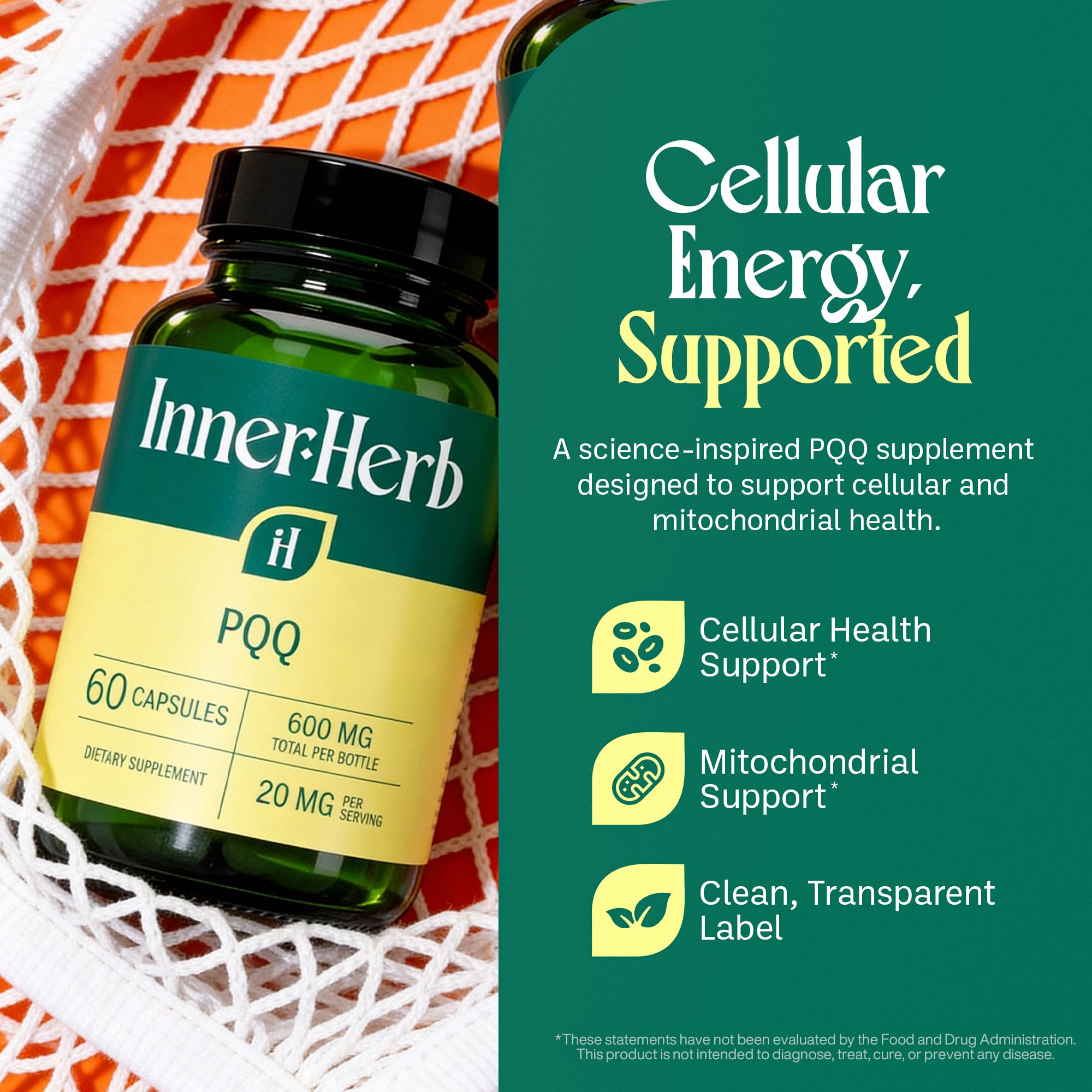 InnerHerb Pyrroloquinoline Quinone PQQ Daily Capsule - Supplement for Adults (60 Capsules, 30 Servings) (20mg Per Serving) InnerHerb uk supplements