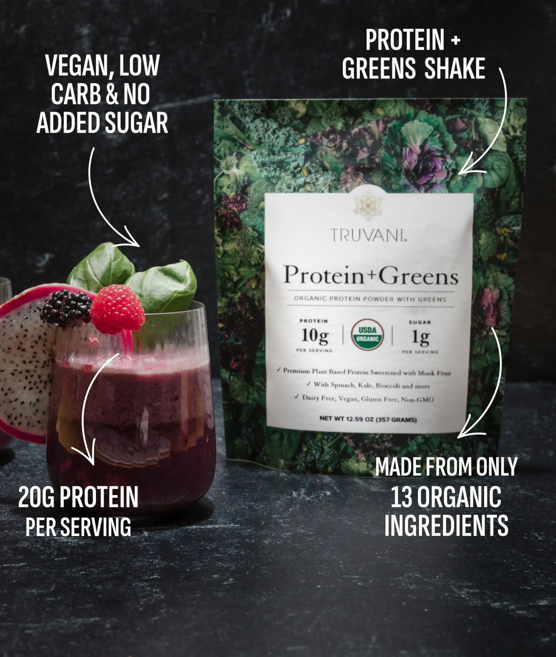 Truvani Protein + Greens Supplement | Spinach, Kale & Broccoli | 10g Organic Plant Based Protein | 20 Servings | USDA Organic | Gluten & Dairy Free Truvani uk supplements