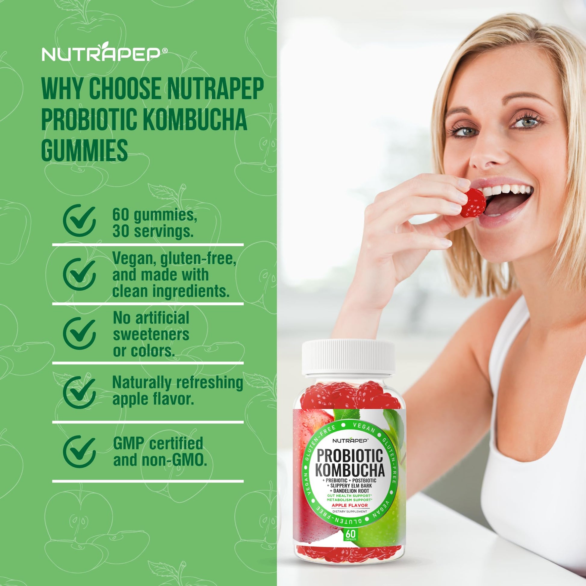 NutraPep Probiotic Kombucha Gummies - Women Men Probiotic Prebiotic Probiotic Blend for Gut Health Bloating Metabolism Support with Slippery Elm Bark Dandelion Root - Vegan Gluten Free Apple Flavor NutraPep uk supplements