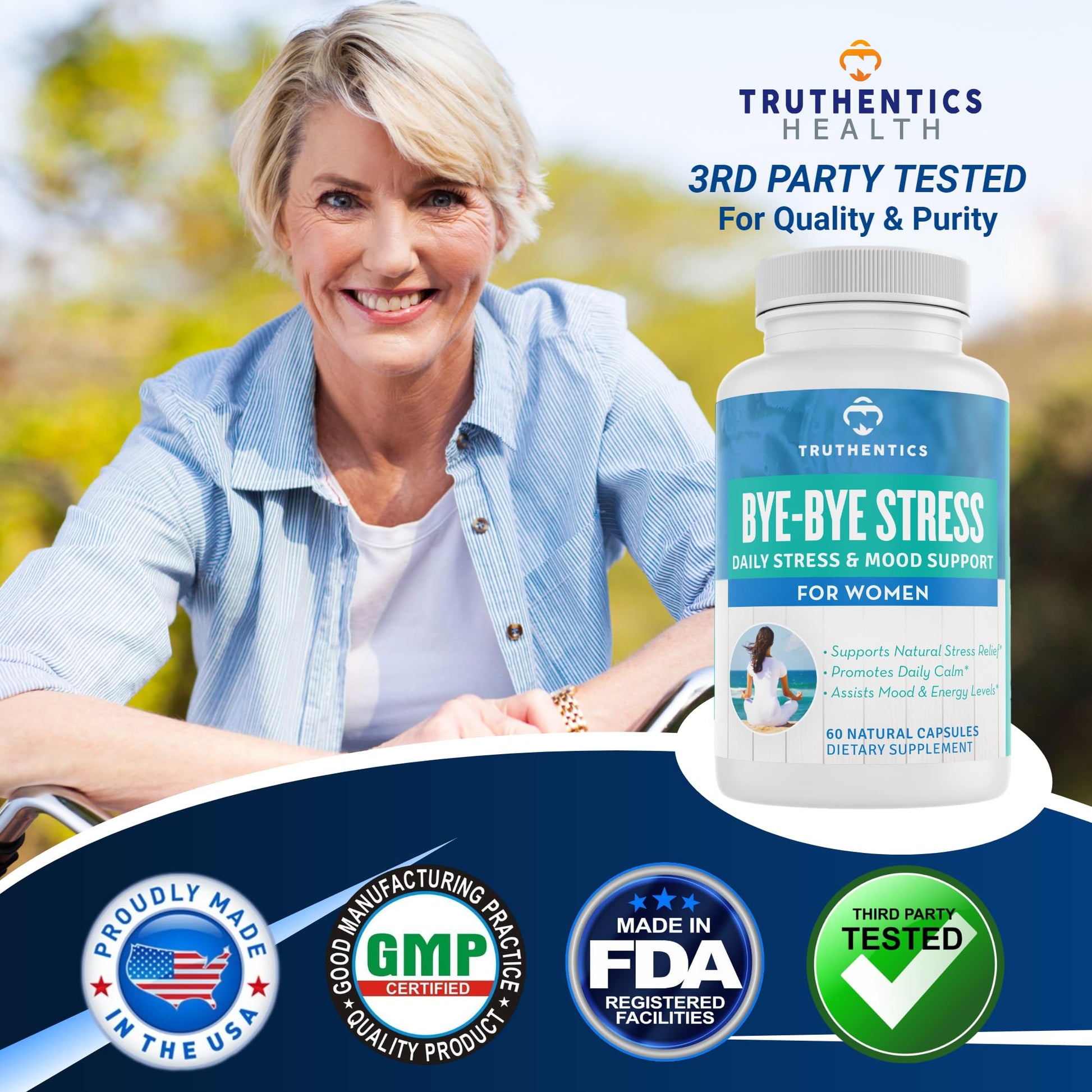 TRUTHENTICS Bye-Bye Stress - Stress & Mood Support Supplement for Women with Ashwagandha, GABA, Lemon Balm, L-Theanin & Vitamin B Complex - Vegan - 60 Capsules TRUTHENTICS uk supplements