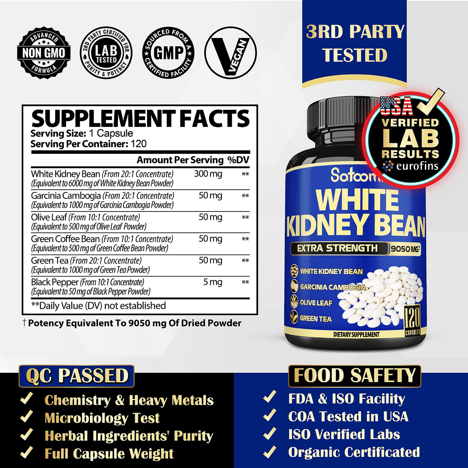 6in1 White Kidney Bean Extract Capsules 9050 Mg - with Garcinia Cambogia, Olive Leaf Satoomi uk supplements