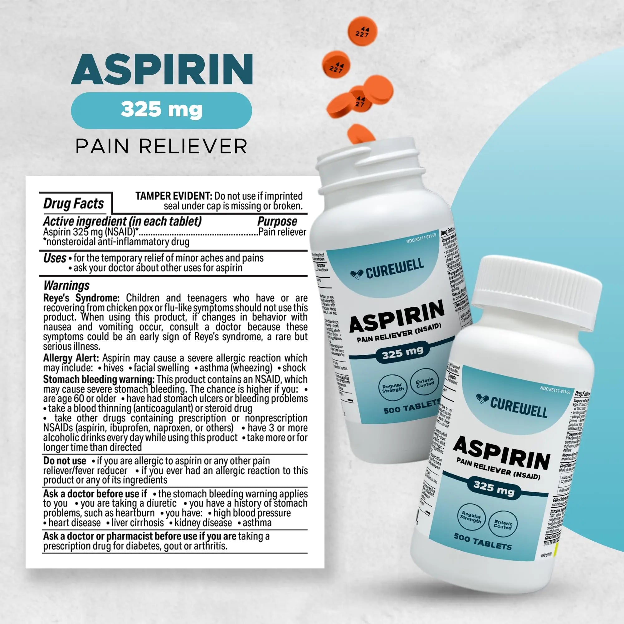CUREWELL Enteric Coated Aspirin Tablets 325mg (500 Count) NSAID Pain Reliever & Fever Reducer Coated Aspirin for Adults - Regular Strength for Headache Arthritis Menstrual & Muscle Pain CUREWELL uk supplements