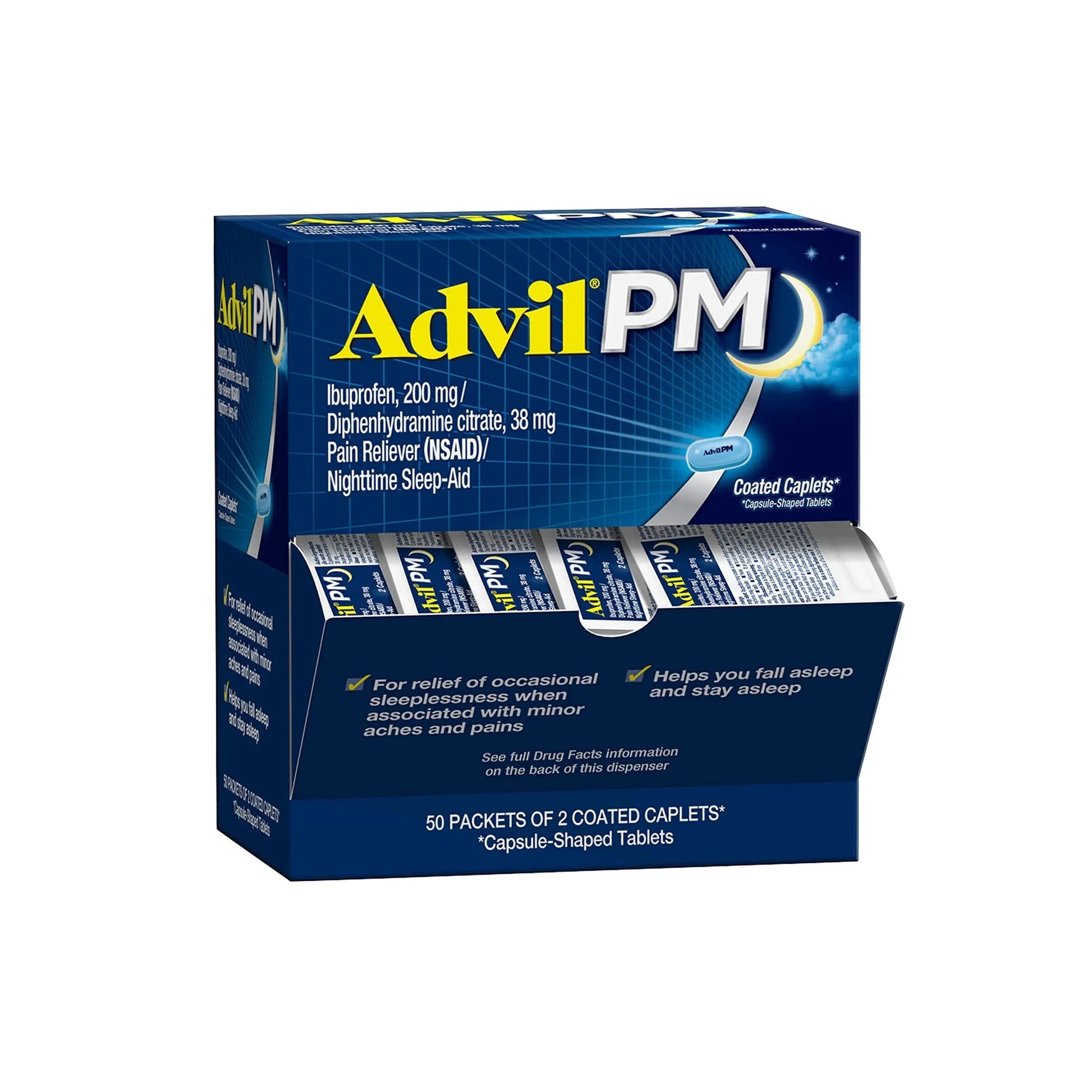 Advil PM Pain Reliever and Nighttime Sleep Aid, Pain Medicine with Ibuprofen for Pain Relief and Diphenhydramine Citrate for a Sleep Aid - 50x2 Coated Caplets Advil uk supplements
